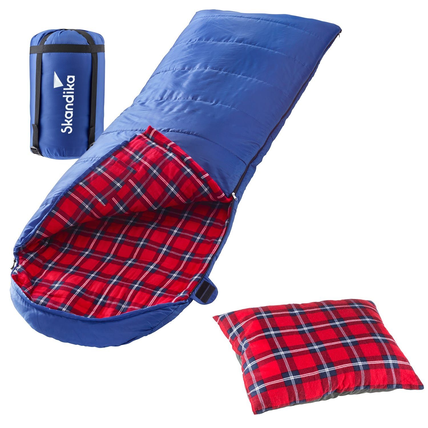 Skandika Deckenschlafsack Dundee (blau, RVL) + Sleepyhead (rot)  (wasserabweisend, atmungsaktiv, Extremtemperaturbereich -20°C, inkl.  Kissen, Outdoor, Camping), Flanell, Baumwolle, Luxus-Qualität