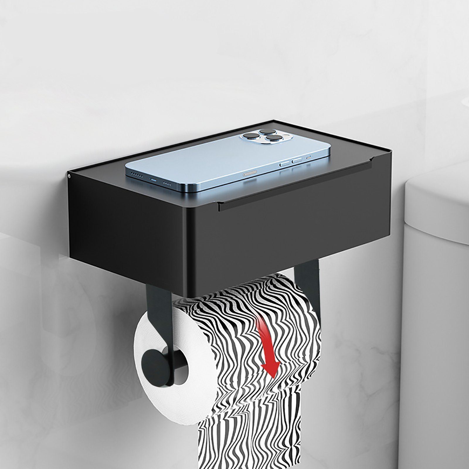 CALIYO Toilettenpapierhalter Edelstahl Klopapierhalter,Schwarz mit  Feuchttücherbox,Badezimmer Set (1-St), Toilettenpapierhalter mit  Feuchttücherboxrung,mit aufbewahrung
