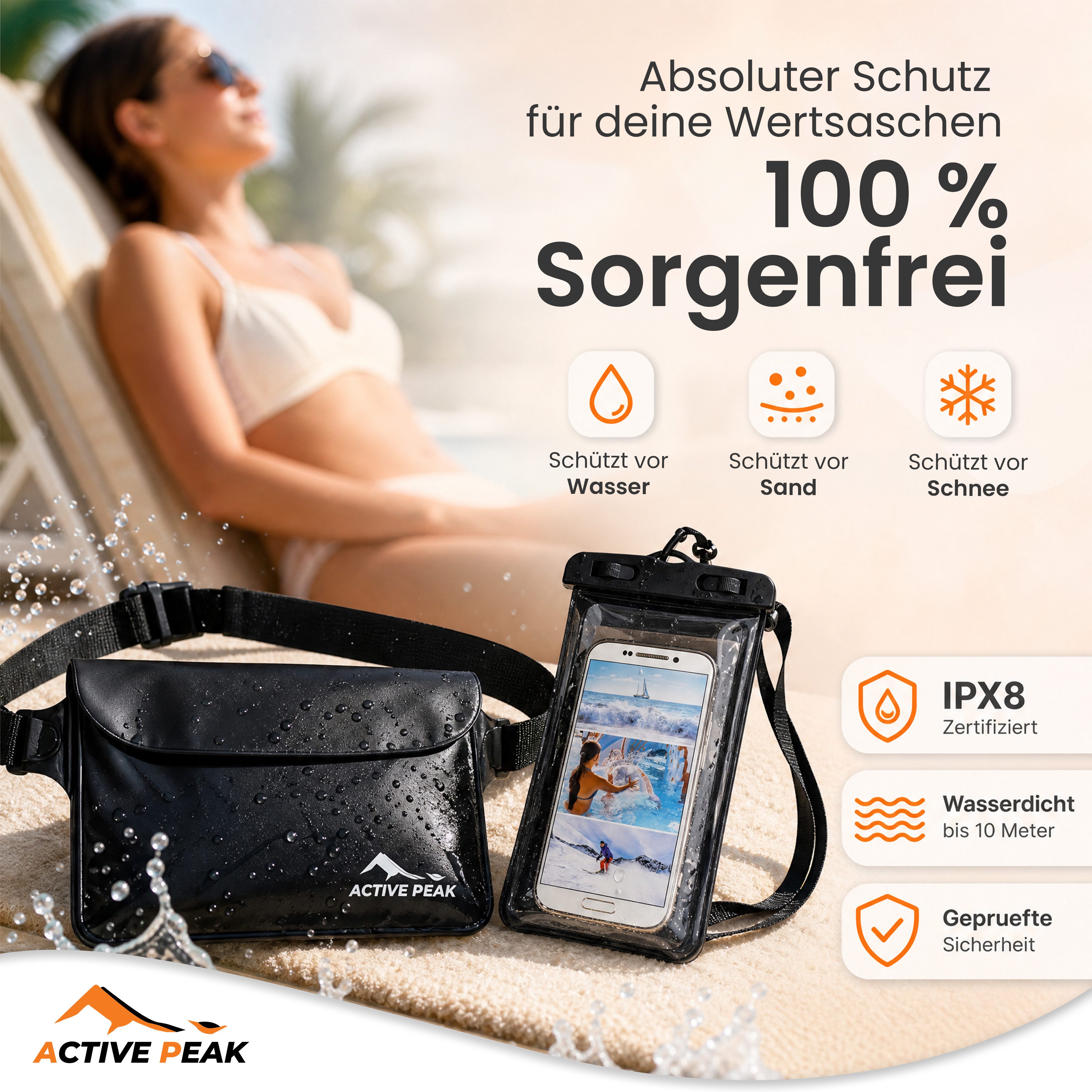 Active Peak Drybag Wasserdichte Tasche, Bauchtasche & Wasserdichte Handyhülle (2-tlg), Waterproof Bag für Kajak, Strand, Urlaub uvm.