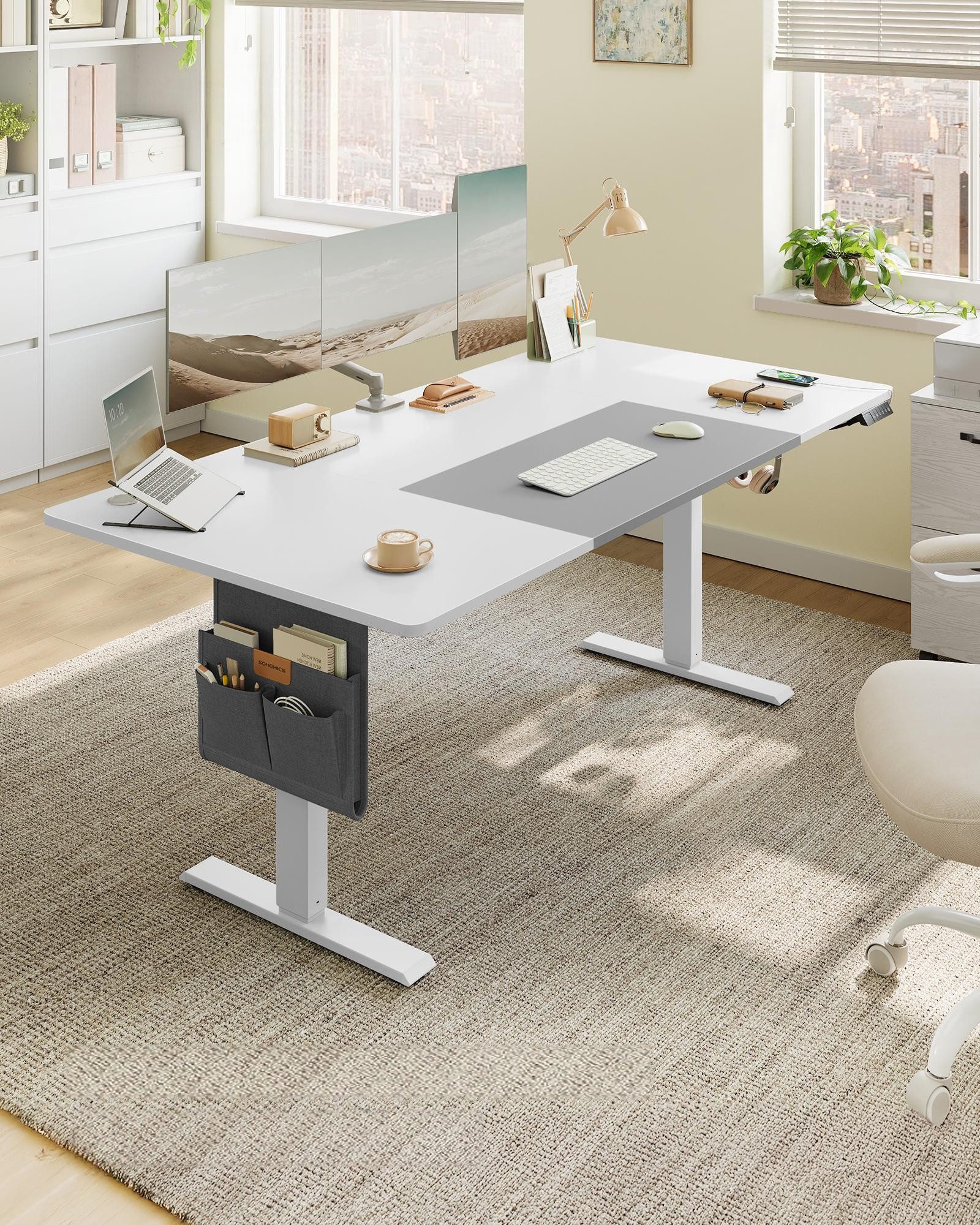 SONGMICS Schreibtisch Höhenverstellbarer elektrisch, USB-C-Anschluss (mit Stoff- Organizer), stufenlos verstellbar, Memory-Funktion mit 4 Höhen, 120/140/160/180 cm