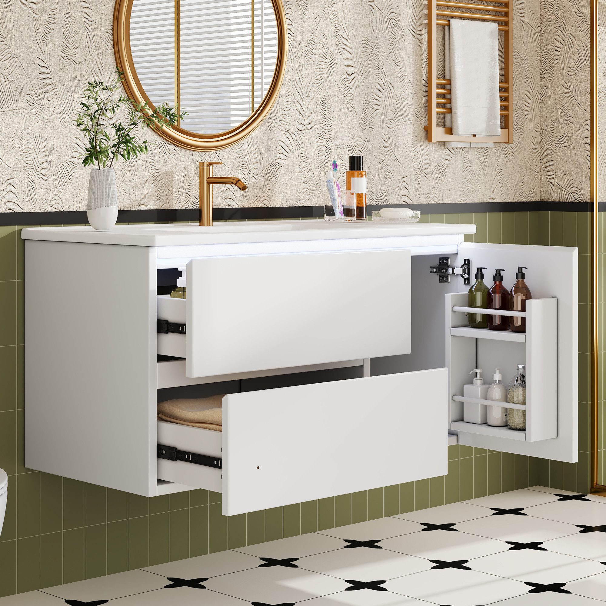 BlingBin Waschtisch wandhängender Waschbecken Waschplatz Badezimmerschrank (mit LED-Radarsensorleuchte, Ablagefach an der Tür, 1-St., 2 Schubladen mit geräuschlosen Auszugsschienen), 91L×46.5B×50.5Hcm, Hochwertig lackiert, Weiß