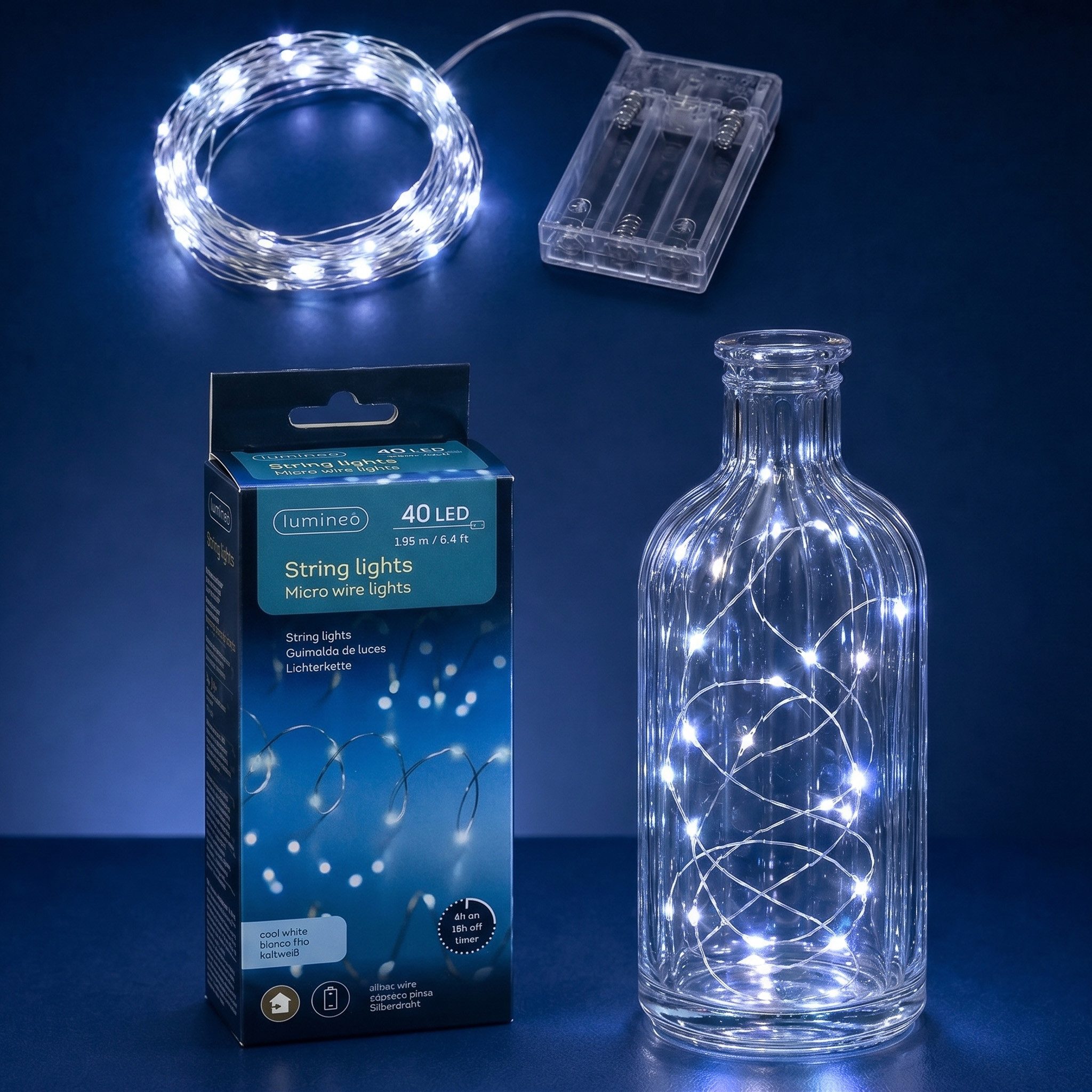 Lumineo LED-Lichterkette, LED Draht Lichterkette 1,95m Batterie 40 Micro-LEDs Silber / Kaltweiß