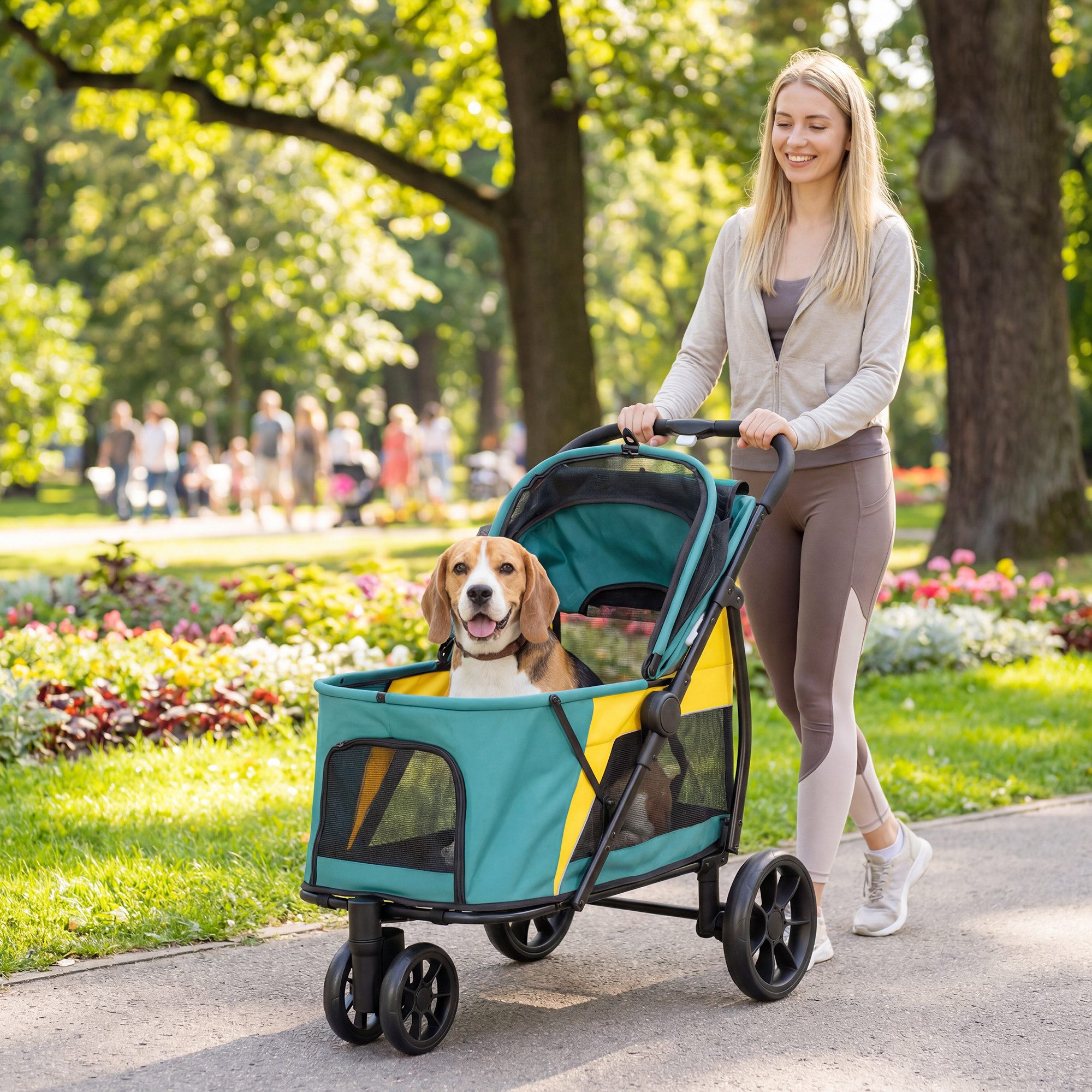 PawHut Hundebuggy Katzenwagen mit Kissen, Netzfenstern, Rückentasche, Räder, Tür, (Hundewagen, 1-tlg), für mittelgroße Hunde bis 20kg, Dunkelgrün