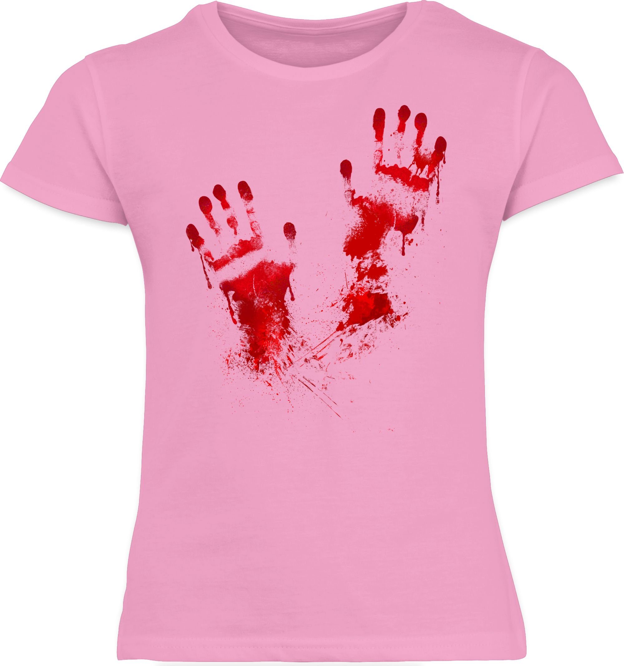 Shirtracer T-Shirt Blutige Handabdrücke Gruselig Rosa Halloween für Blut Kinder Handabdruck 2 Kostüme