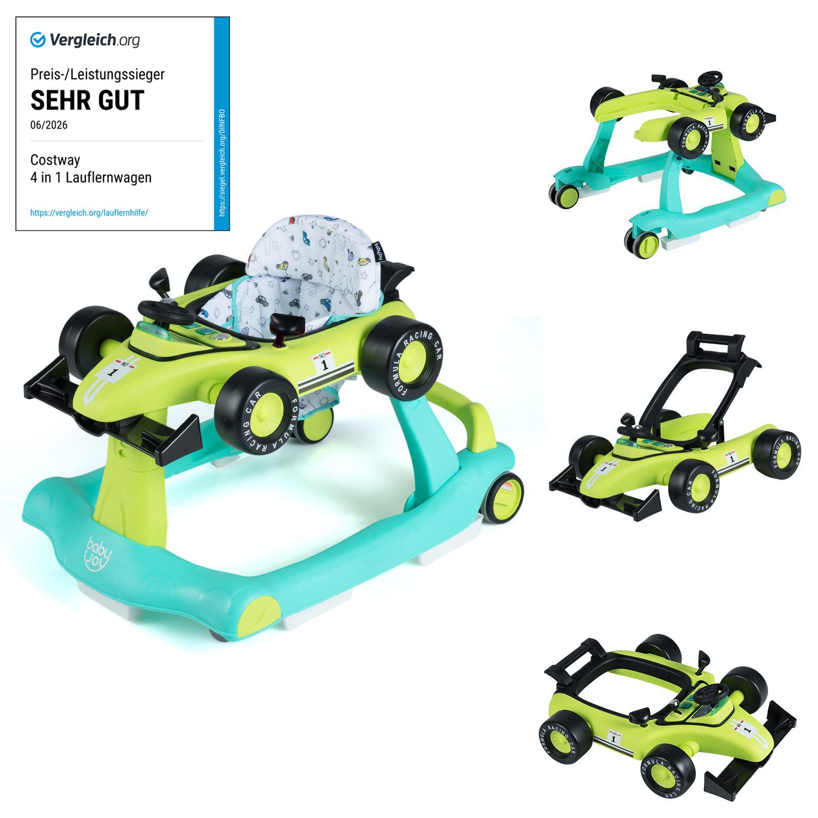 COSTWAY Lauflernhilfe 4 in 1 Lauflernwagen, mit Musik, Licht, ab 6 Monaten