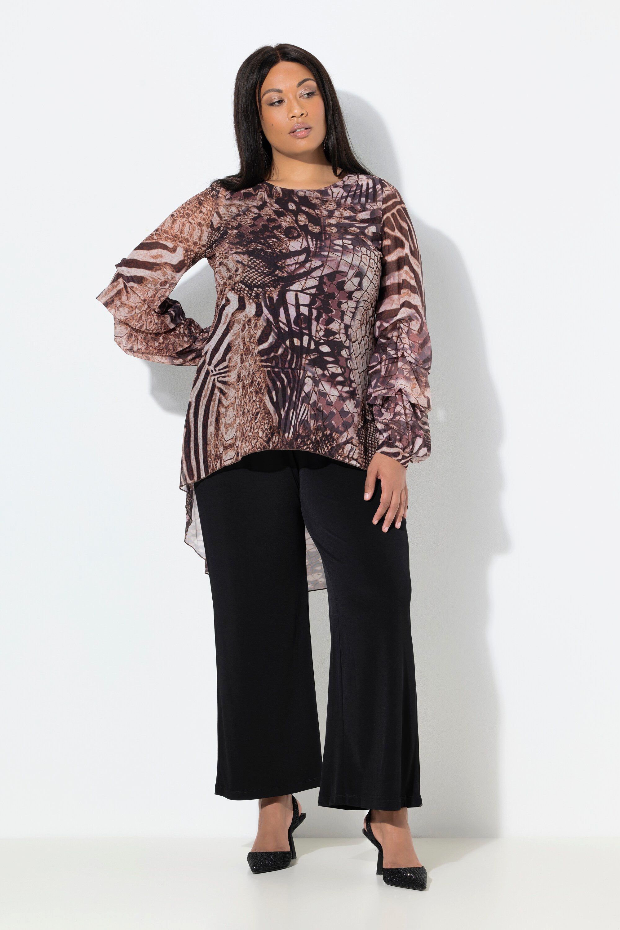 Longsleeve Mesh-Shirt Animaldruck Rundhals drapierter Langarm