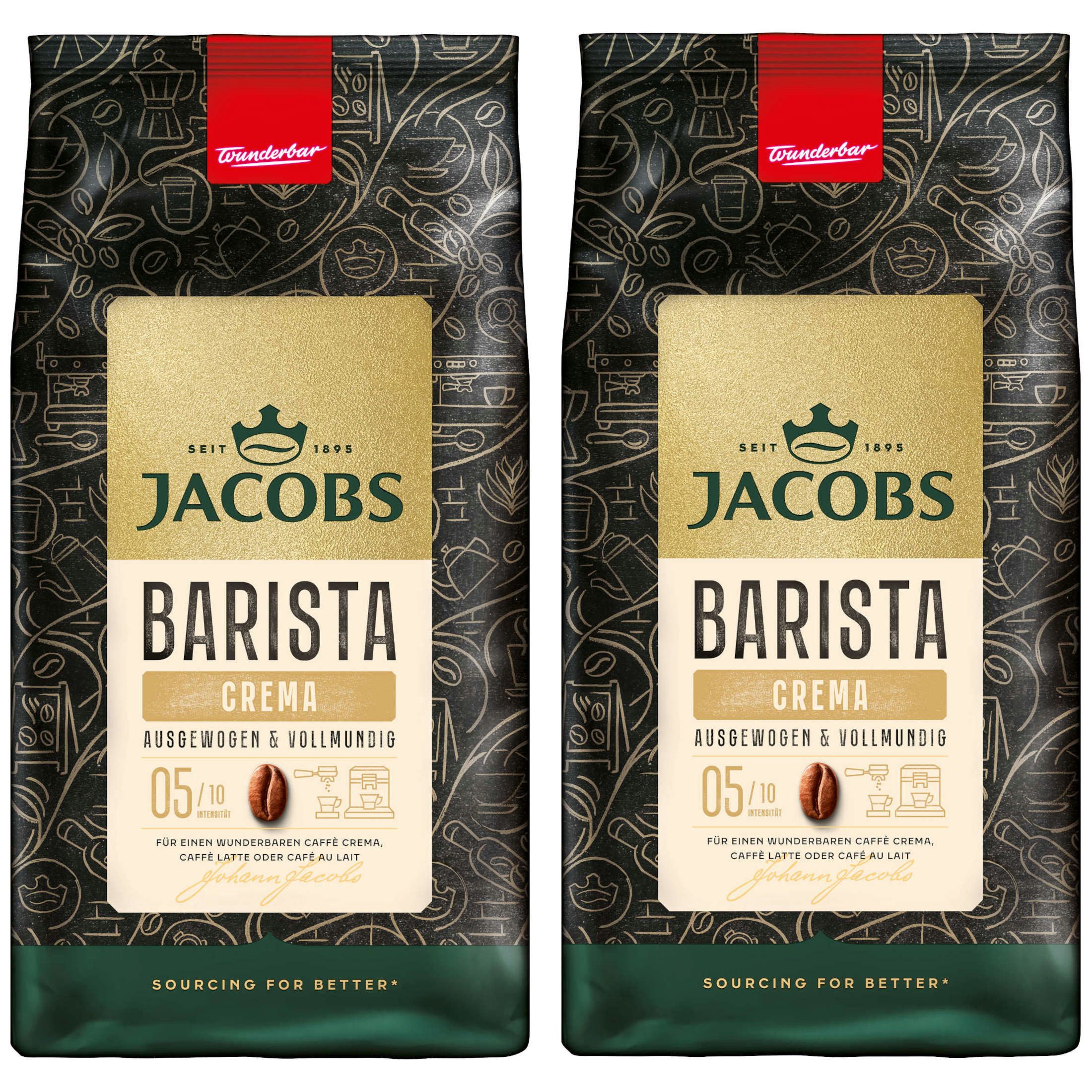 JACOBS Kaffee geröstete Kaffeebohnen Barista Editions Crema 2 x 1 kg, 2000 g, (Packung, 2er Pack)