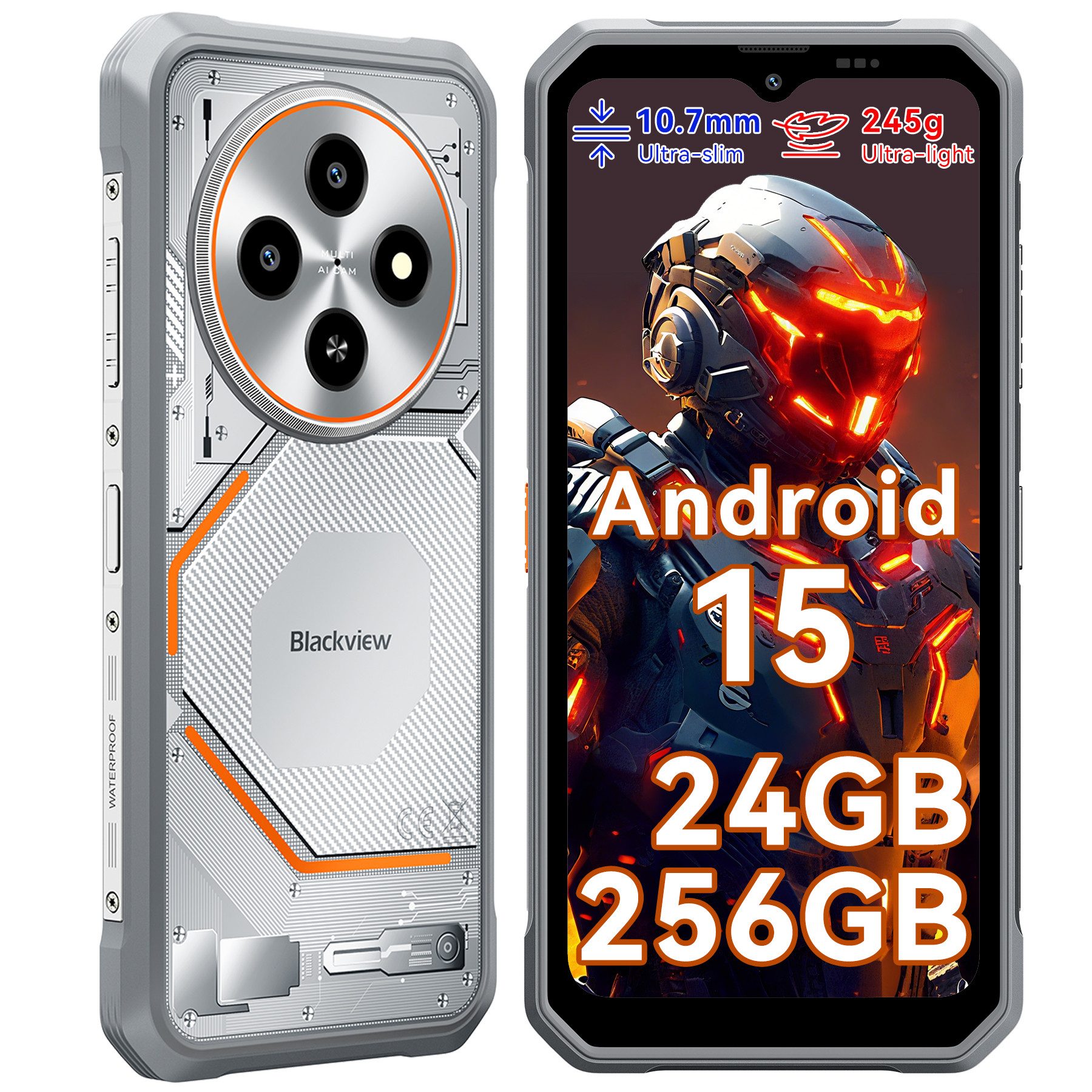 blackview FORT 2 Ultradünnes Robustphone: Nur 10.7mm, AI-Dreifachkamera Outdoor Smartphone (6.56 Zoll, 256 GB Speicherplatz, DokeOS 5.0, Android 15, 24GB, 16MP, 5W OTG)