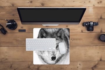 MuchoWow Gaming Mauspad Wolf mit verschneitem Kopf in schwarz-weiß (1-St), Mousepad mit Rutschfester Unterseite, Gaming, 40x40 cm, XXL, Großes