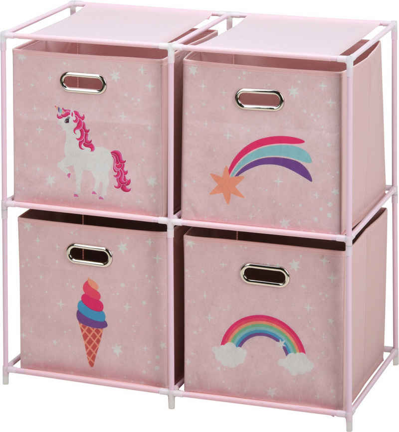 Koopman Kinderregal Rosa, 1-tlg., 4 Fächer, Schrank, Einhorn, Stoffkästchen