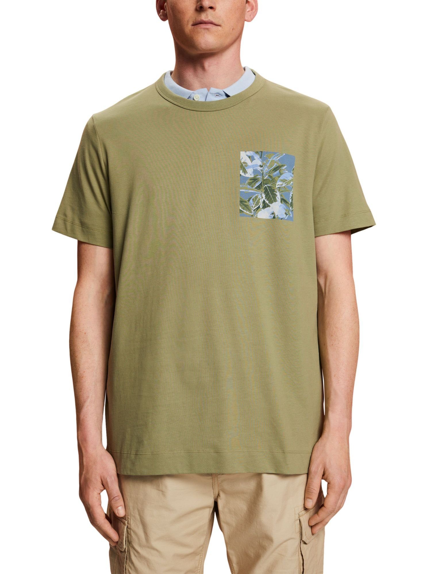 Collection Brust-Print, Jersey-T-Shirt LIGHT % mit KHAKI (1-tlg) Baumwolle Esprit 100 T-Shirt