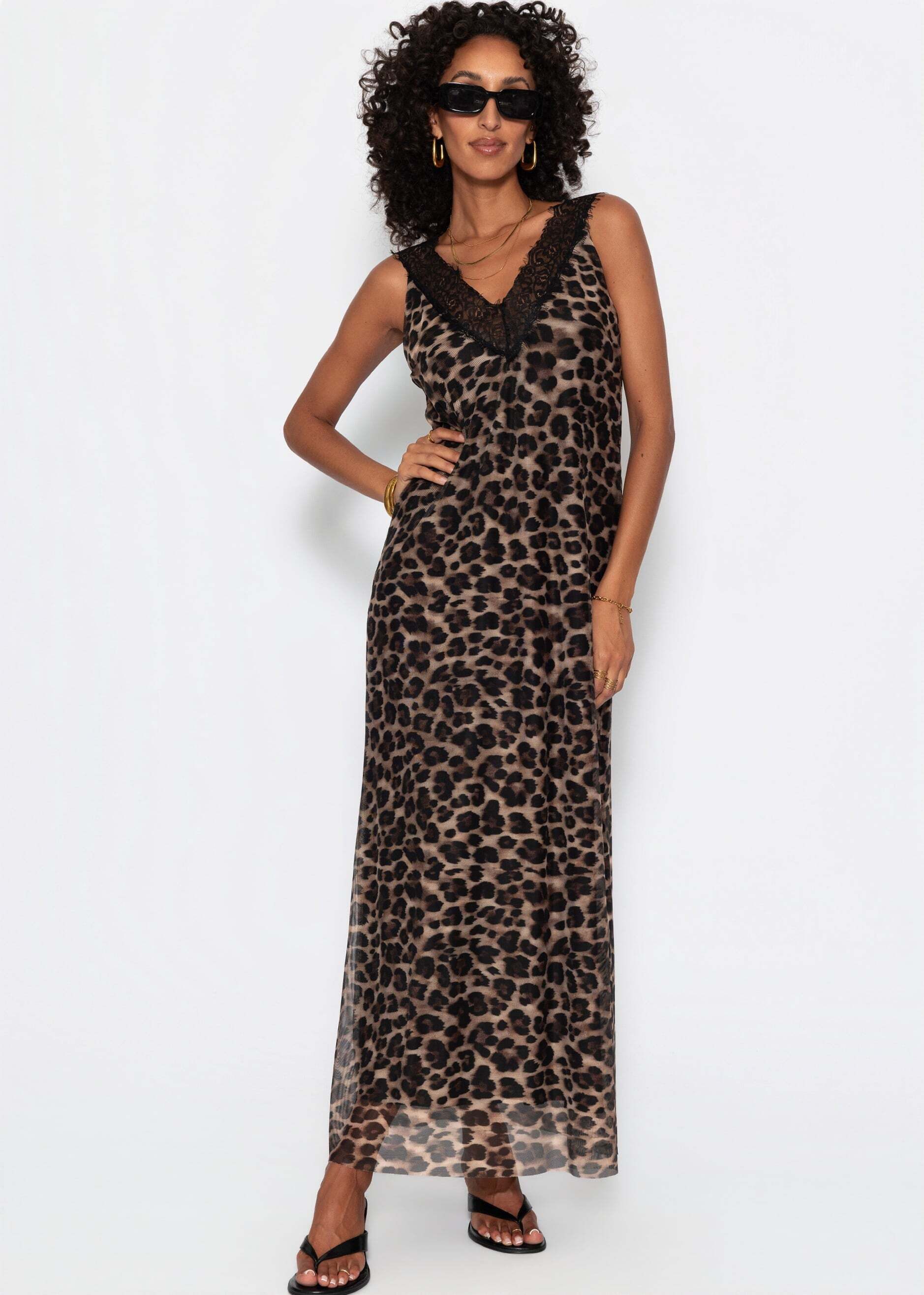 SASSYCLASSY Maxikleid Langes Mesh-Kleid mit Leo-Print für Damen Ärmelloses Maxikleid mit V-Ausschnitt und breiten Spitzenkanten Braun – Bild 3 von 5