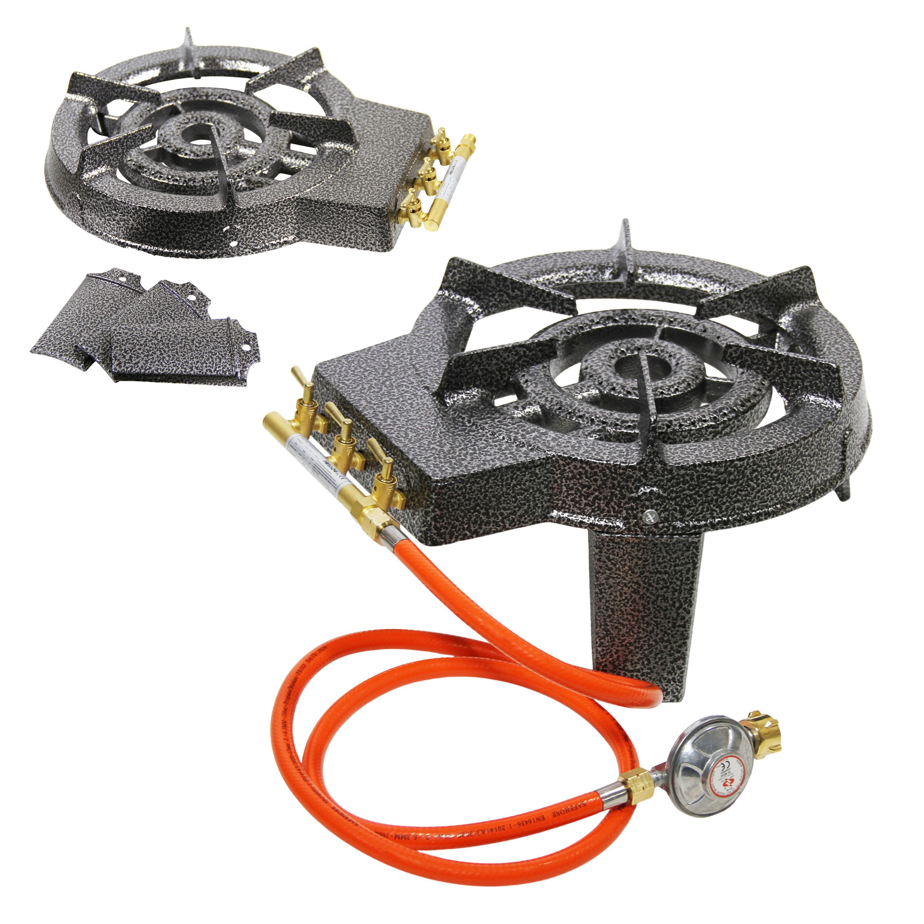HELO24 Gaskocher Hockerkocher Gasbrenner Camping Wok 9 kW 3-Fuß H3 + Schlauch + Regler