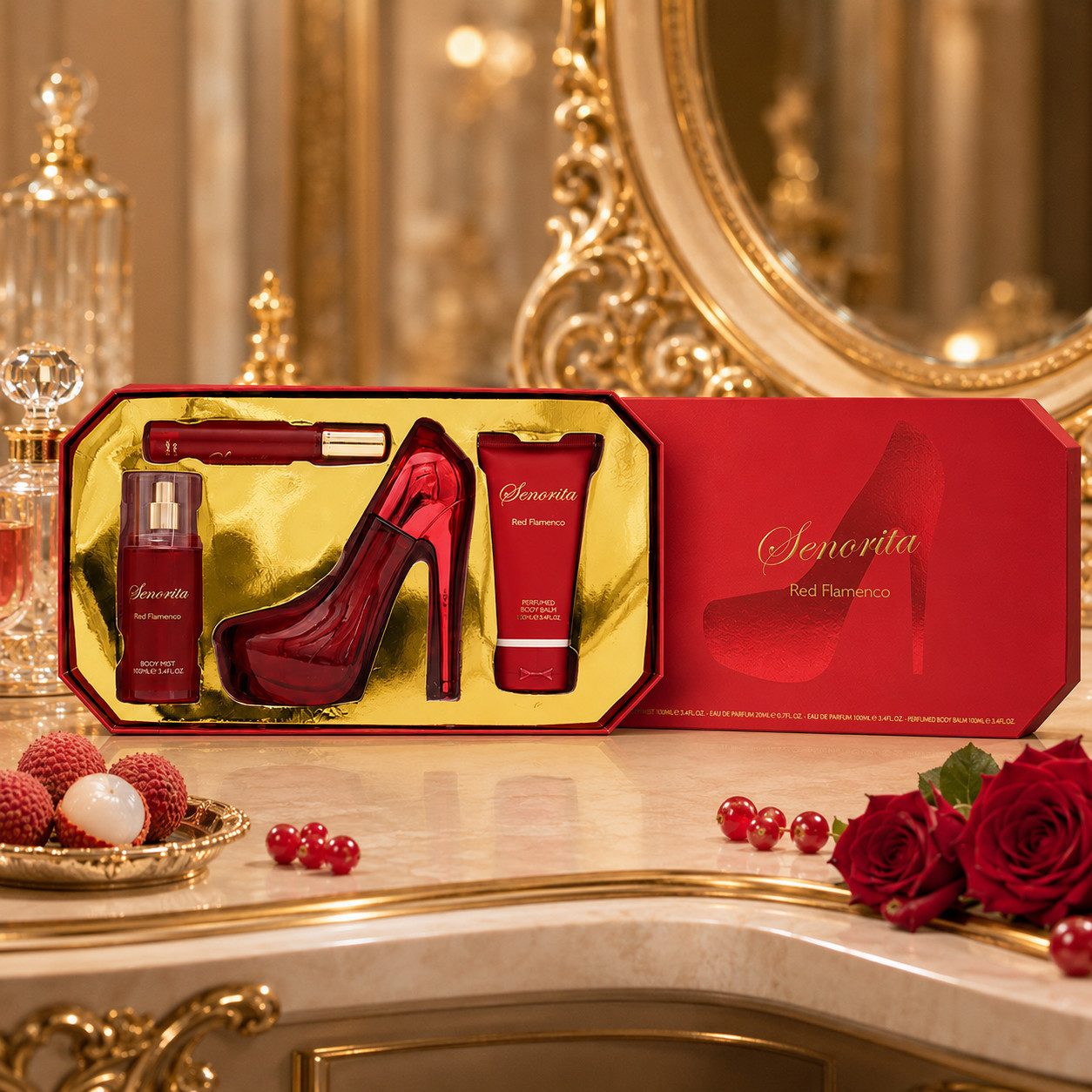 Fine Perfumery London Pflege-Geschenkset Senorita Red Flamenco 4-tlg. Damen Geschenkset Hergestellt in UK, 4-tlg., Angenehmer Duft, perfekt als Geschenk, attraktive Verpackung