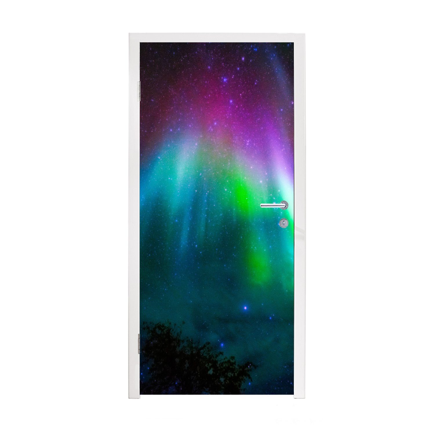 Tür, cm MuchoWow Türaufkleber, Matt, - Fototapete (1 Nordlichter für St), Sternenhimmel bedruckt, - 75x205 Farben, Türtapete