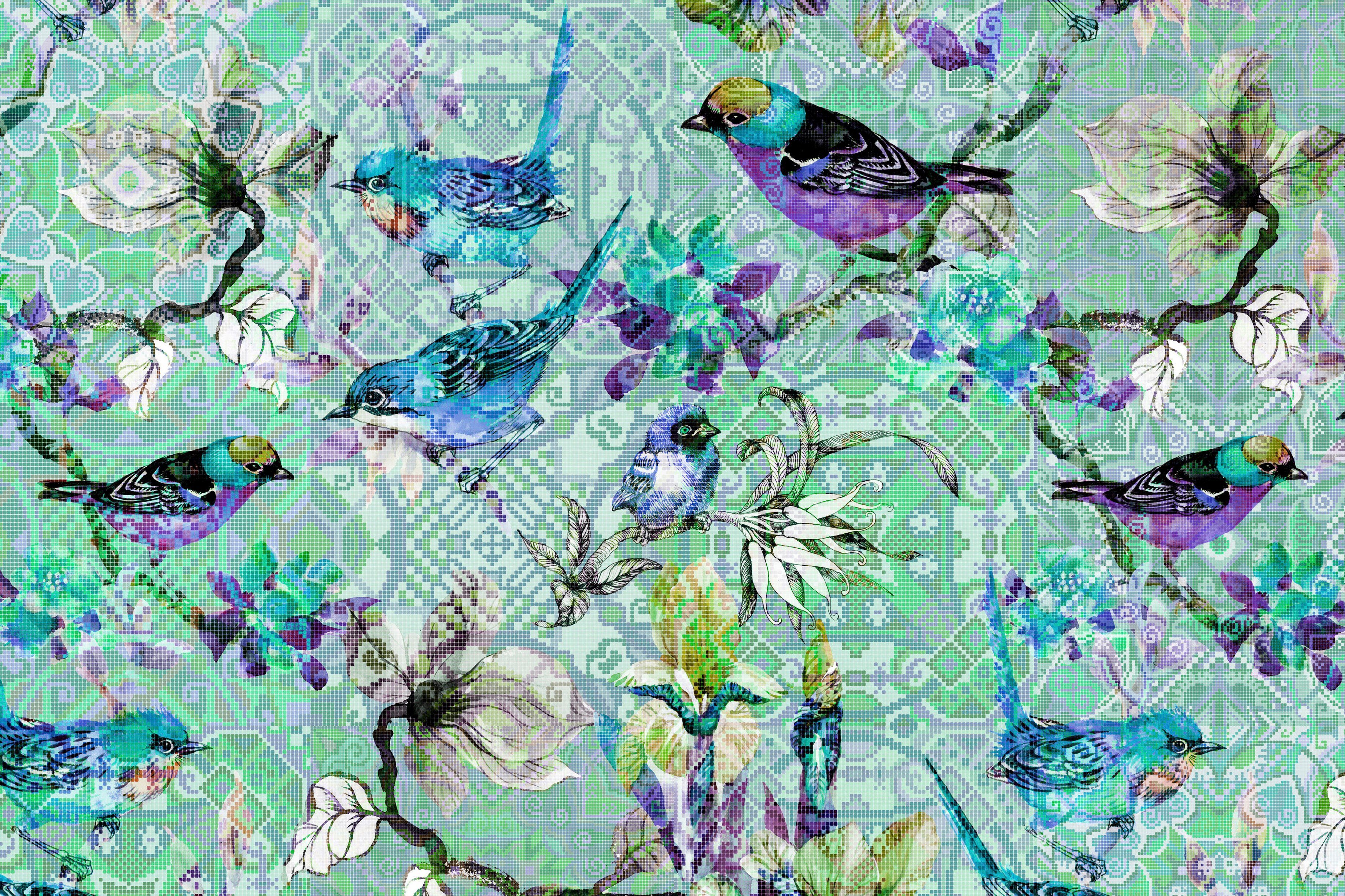 A.S. Création birds mosaic Blumen Mosaik (1 Floral Vögel Keilrahmen 3, Bild St), Vögel Leinwandbild
