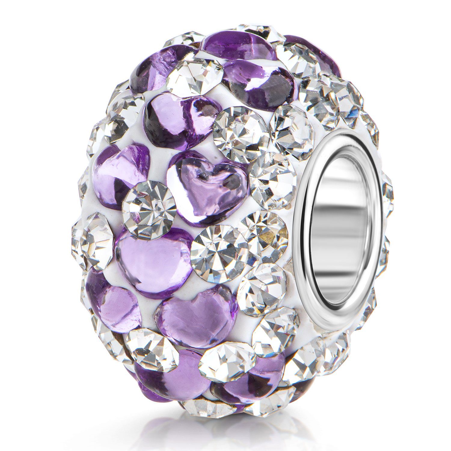 Materia Bead Strassperle Herzen Silber Lila Glitzereffekt 1596, Hülse aus 925 Sterling Silber