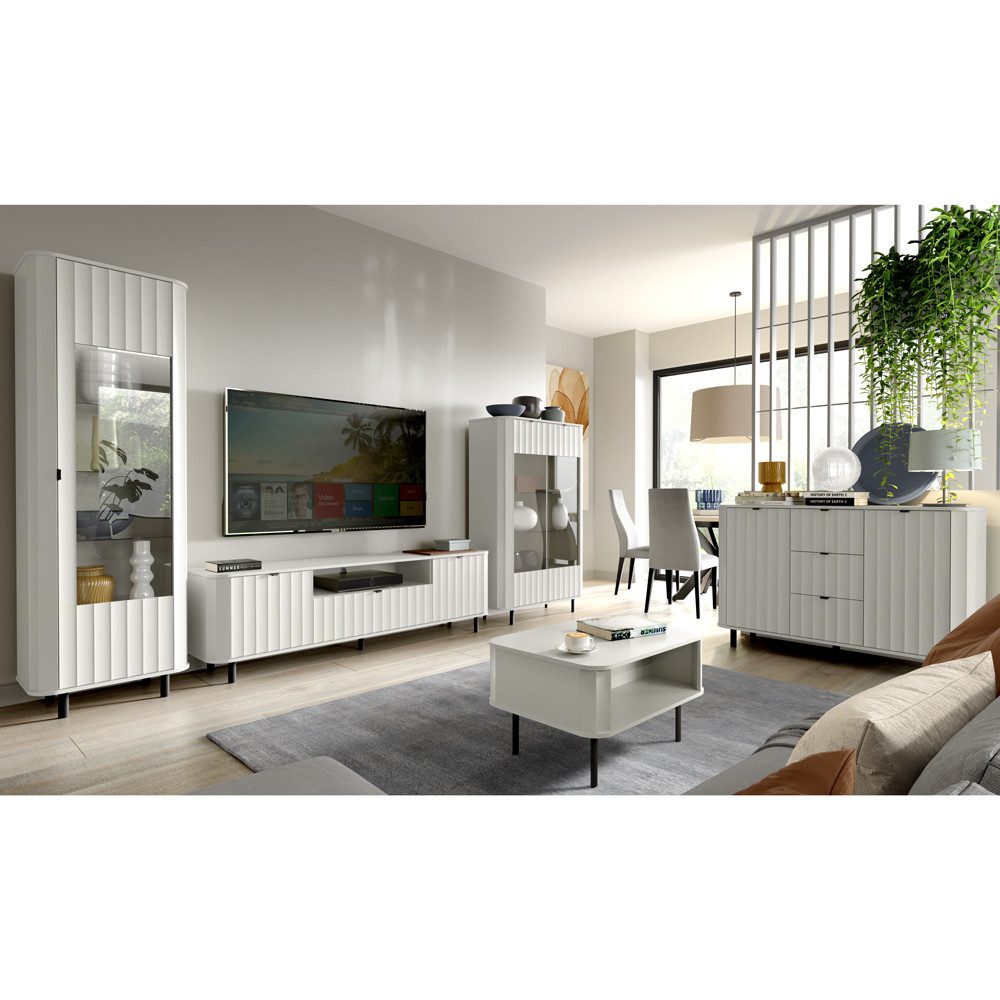 Lomadox Wohnzimmer-Set NASHVILLE-161, (Mega-Spar-Set, 5-St., Vitrine Lowboard Highboard Sideboard Couchtisch), Wohnzimmer-Set mit Wellen-Optik, in Weiß, modern
