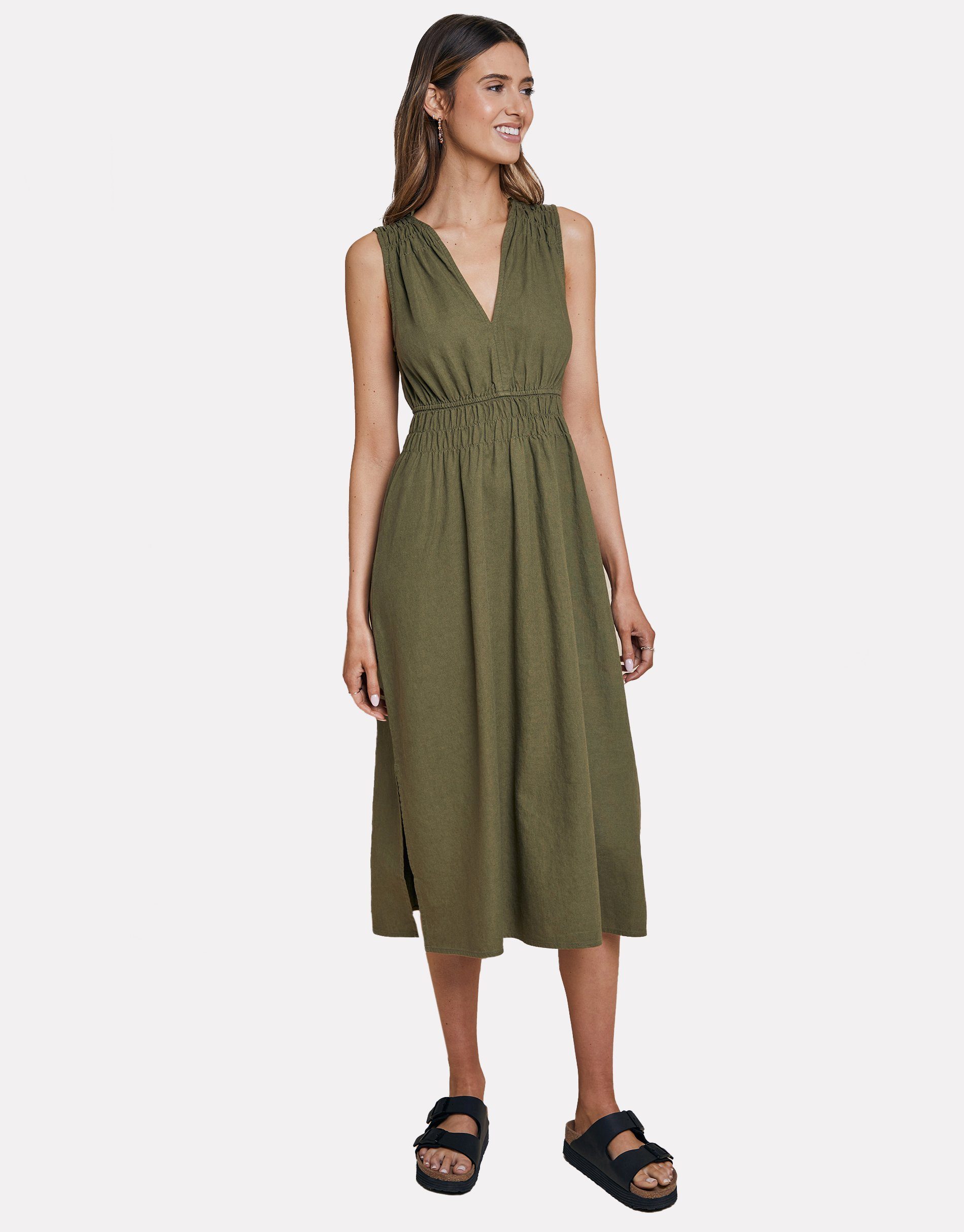 Threadbare Sommerkleid THB Peppercorn Linen Waisted Midi Dress Olive