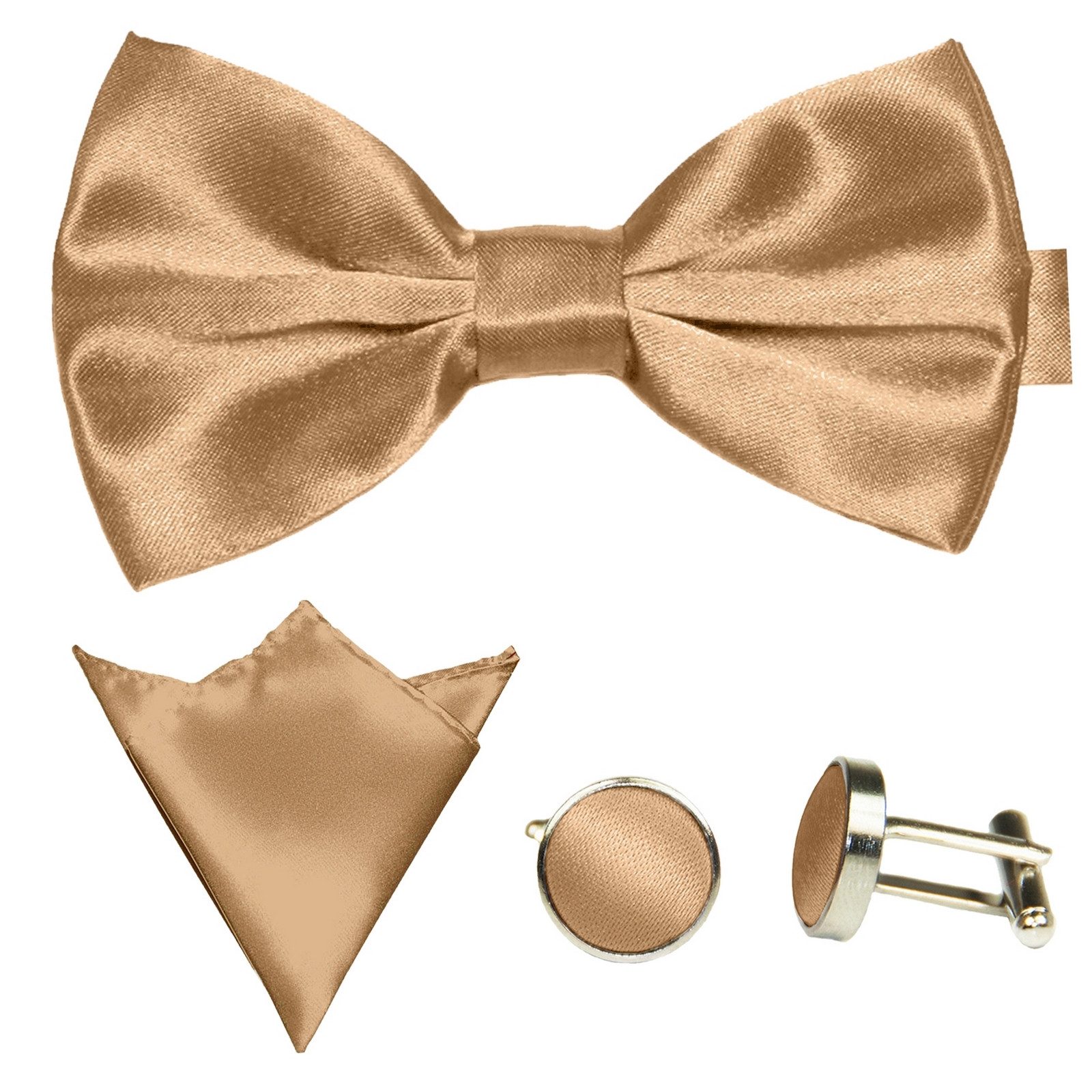 GASSANI Fliege Hochzeitsfliege, Herren-Schleife Kavalierstuch, Hochzeit Bräutigam (Set, 3-St., Fliegenset, mit Einstecktuch, Manschettenknöpfe) Uni, Seide-Touch-Finish, Vor-Gebunden Verstellbar