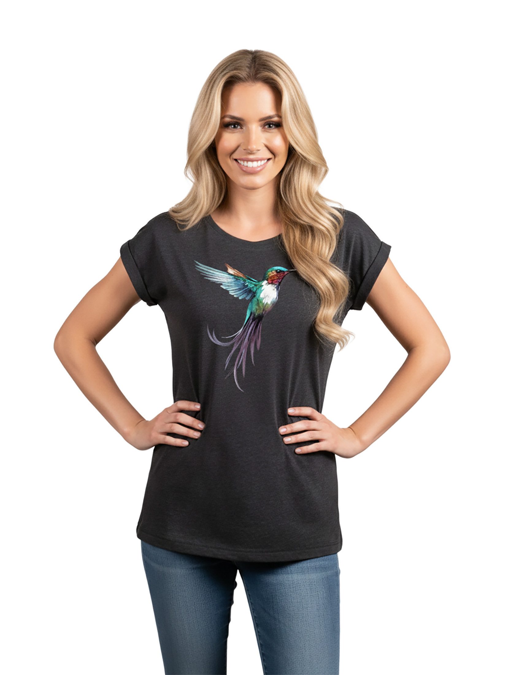 MAKAYA Print-Shirt Damen Kolibri Motiv Sommer Top Druck Vogel Kurzarmshirt Tunika Oversize