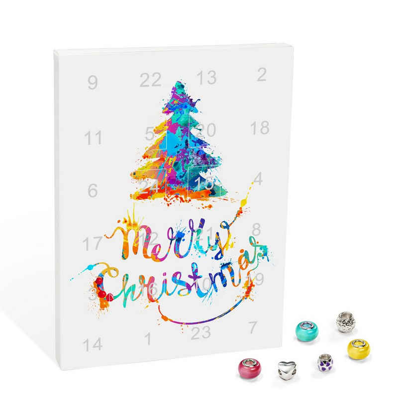 VALIOSA Adventskalender »Merry Christmas Mode-Schmuck Adventskalender mit Halskette, Armband + 22 individuelle Perlen-Anhänger aus Glas & Metall« (24-tlg), Geschenkidee für Mädchen, bunt, 24-teilig (1 Set)