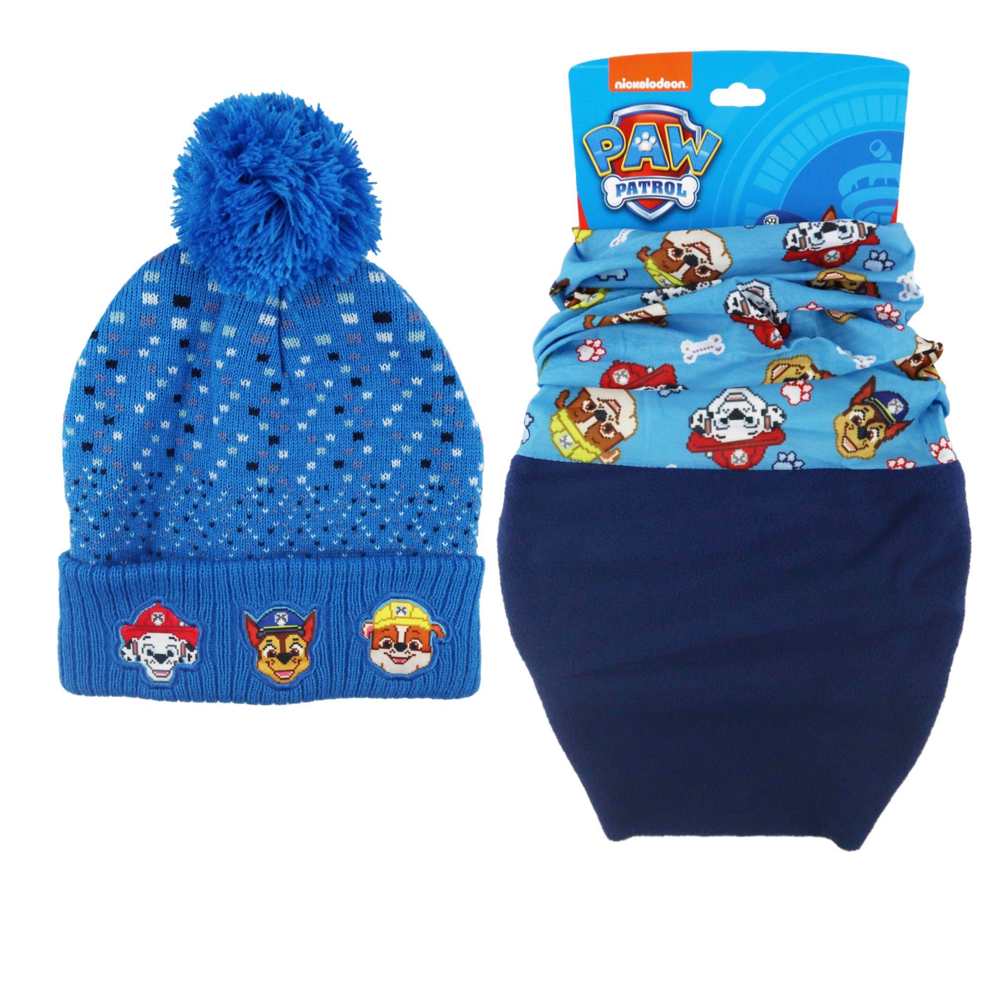 PAW PATROL Bommelmütze Paw Patrol Chase Kinder Herbst Winter Set Mütze Loopschal Loop Gr. 52 bis 54