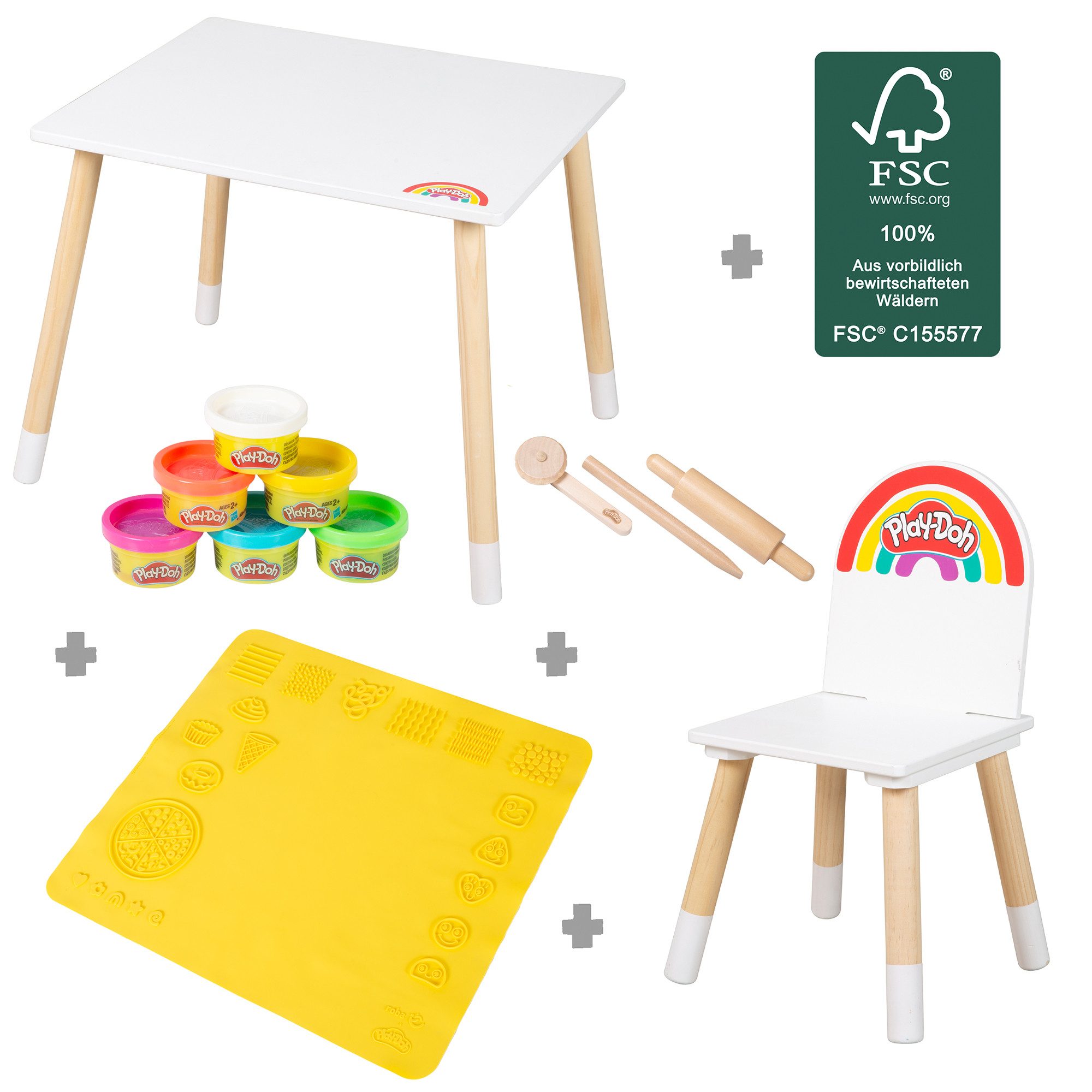 roba® Kindersitzgruppe roba x Play-Doh - Kreatives Sitzgruppen-Set - Spielset aus FSC Holz, (Set, 1 Tisch, 1 Stuhl + 6 Knetdosen, 3 Holzwerkzeuge), 3D-Kreativmatte mit Formen - Toller Spielspaß mit Knete ab 3 Jahren
