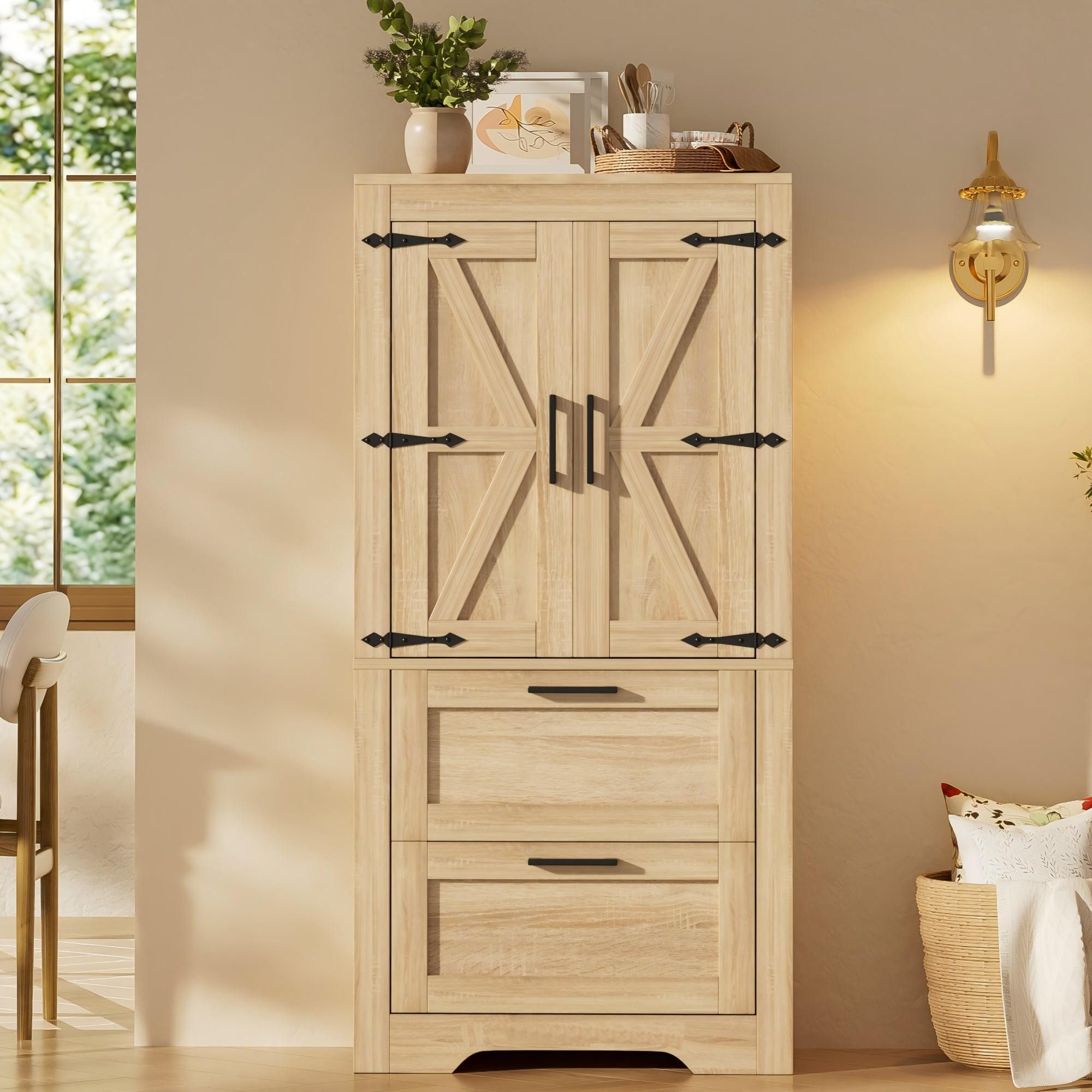 Flieks Hochschrank Küchenschrank Landhausstil, 2 Schubladen & verstellbaren Einlegeböden (60x30x128 cm, 1-St) multifunktionaler Mehrzweckschrank Scheunen-Design Natur