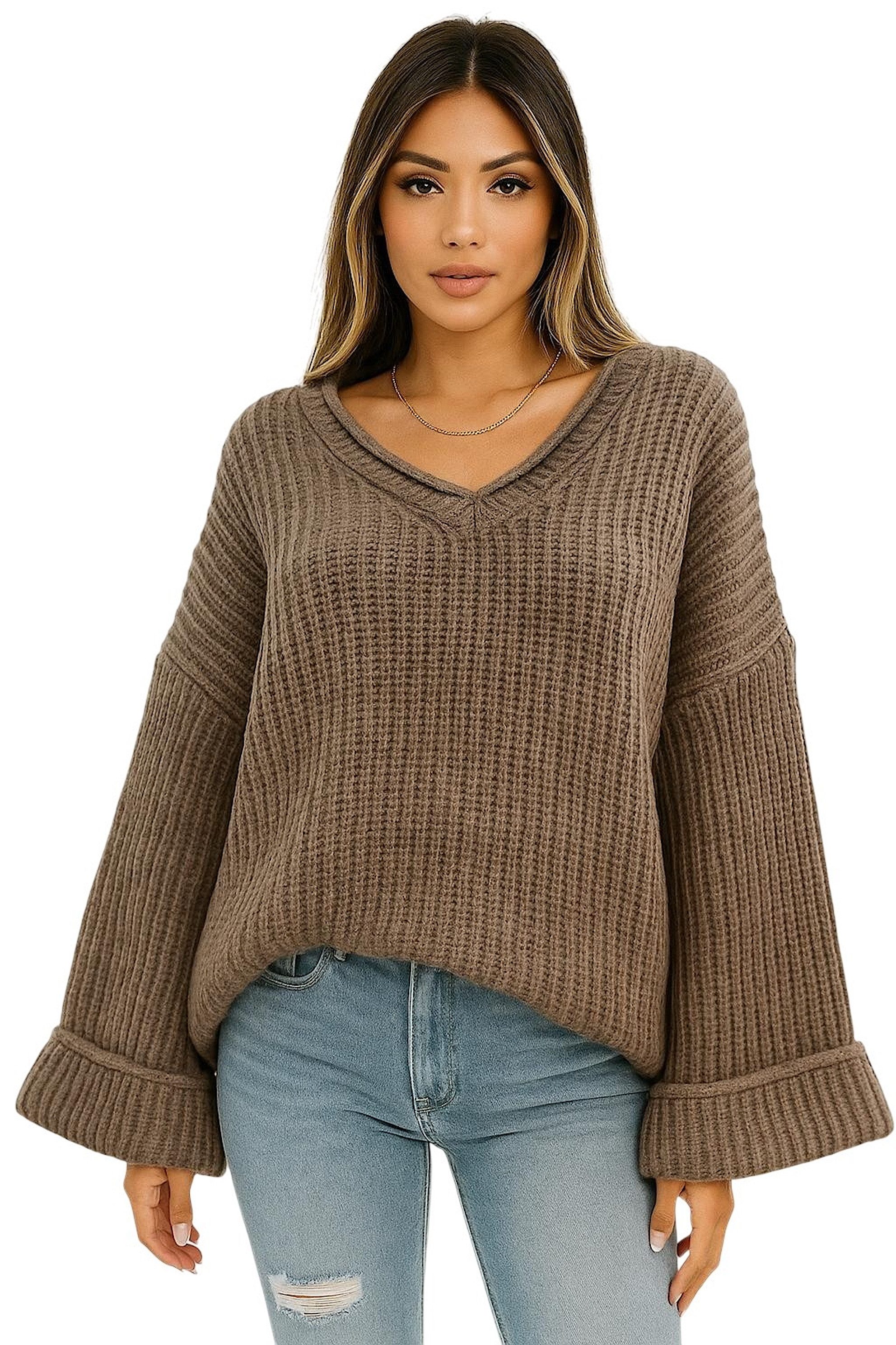 Worldclassca V-Ausschnitt-Pullover WORLDCLASSCA Damen Oversize Strickpulllover Dick Pulli V-Ausschnitt Neue Kollektion - Stilvolle und gemütliche Strickmode für Damen