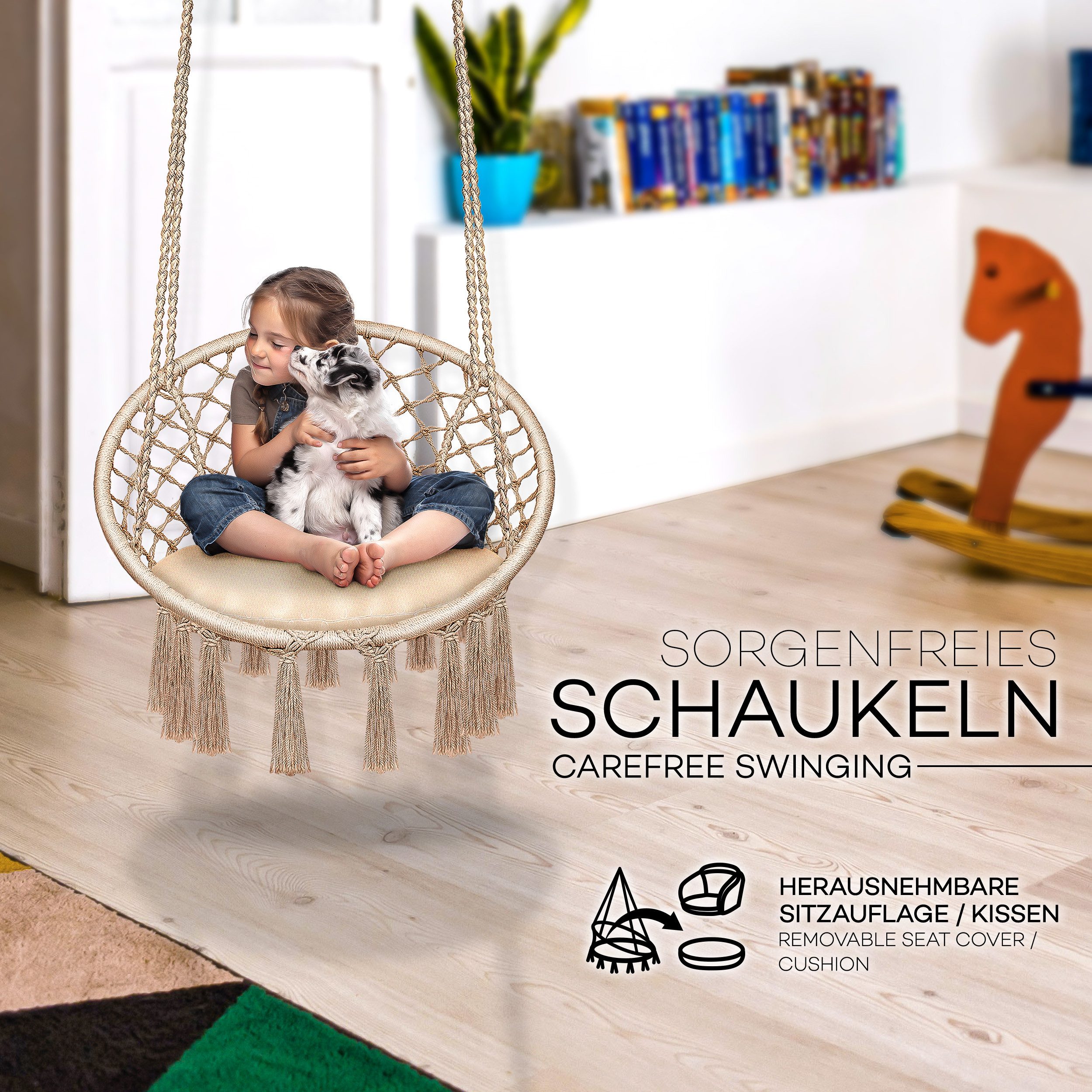 tillvex Hängesessel tillvex® Hängesessel Hängestuhl Hängeschaukel Hängekorb Hängesitz (Set, Hängesessel, Kissen, 4 Seile mit 2 Stahlringen), Kissen – Bild 4 von 5