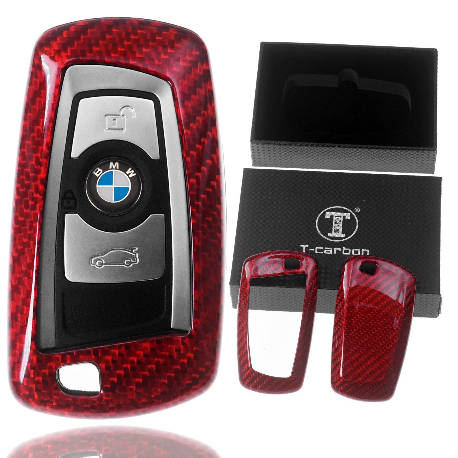 T-Carbon Schlüsseltasche Auto Schlüssel Carbon-Optik Schutz Hülle Rot, für BMW F20 F21 F22 F23 F30 F31 F34 F32 F26 F25 KEYLESS SMARTKEY