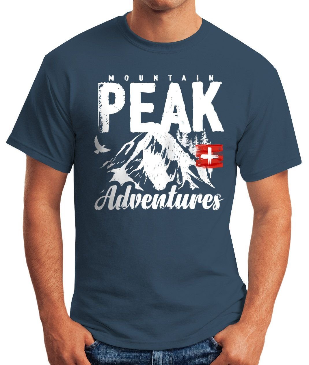 T-Shirt blau Print-Shirt Wander MoonWorks mit Print Moonworks® Adventures Mountain Herren