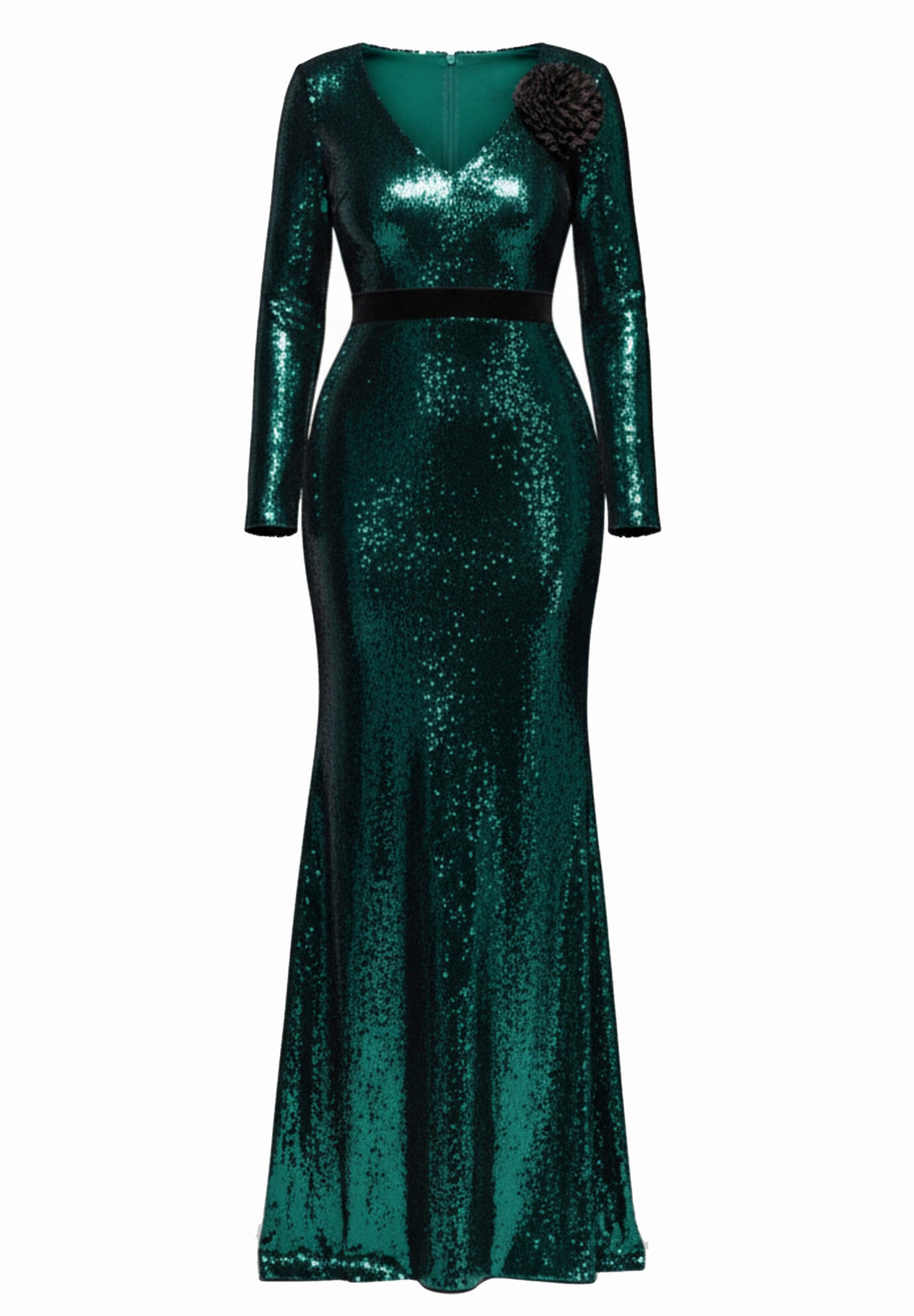 Goddiva Maxikleid Liquid Sequin Corsage Maxi knielang, V-Ausschnitt, lange Ärmel