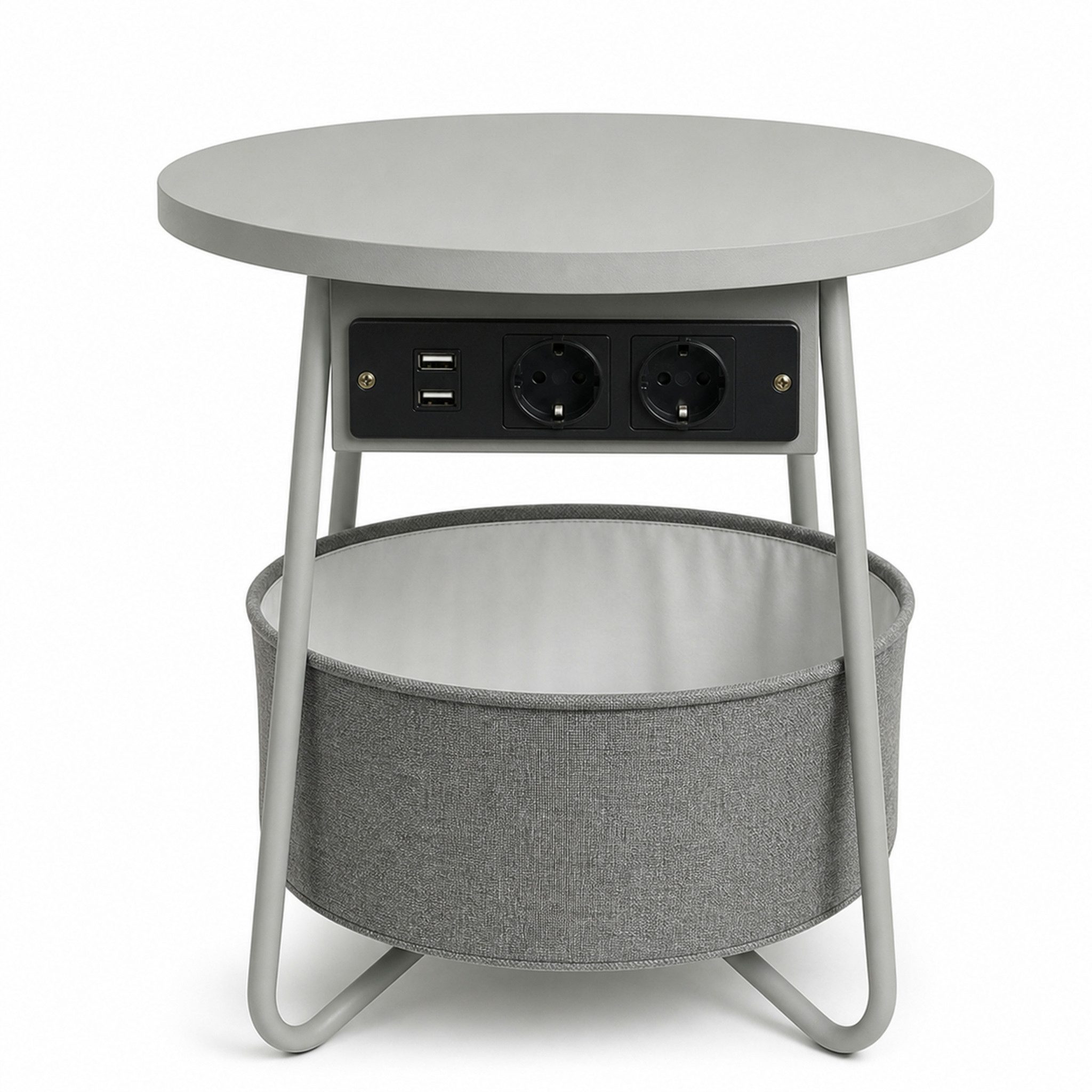 Floordirekt Couchtisch Dario Runder mit 2 Steckdosen A Stauraumkorb 2 USB 4 Farben (Einzelartikel), Integrierte Stromanschlüsse und USB-Ports