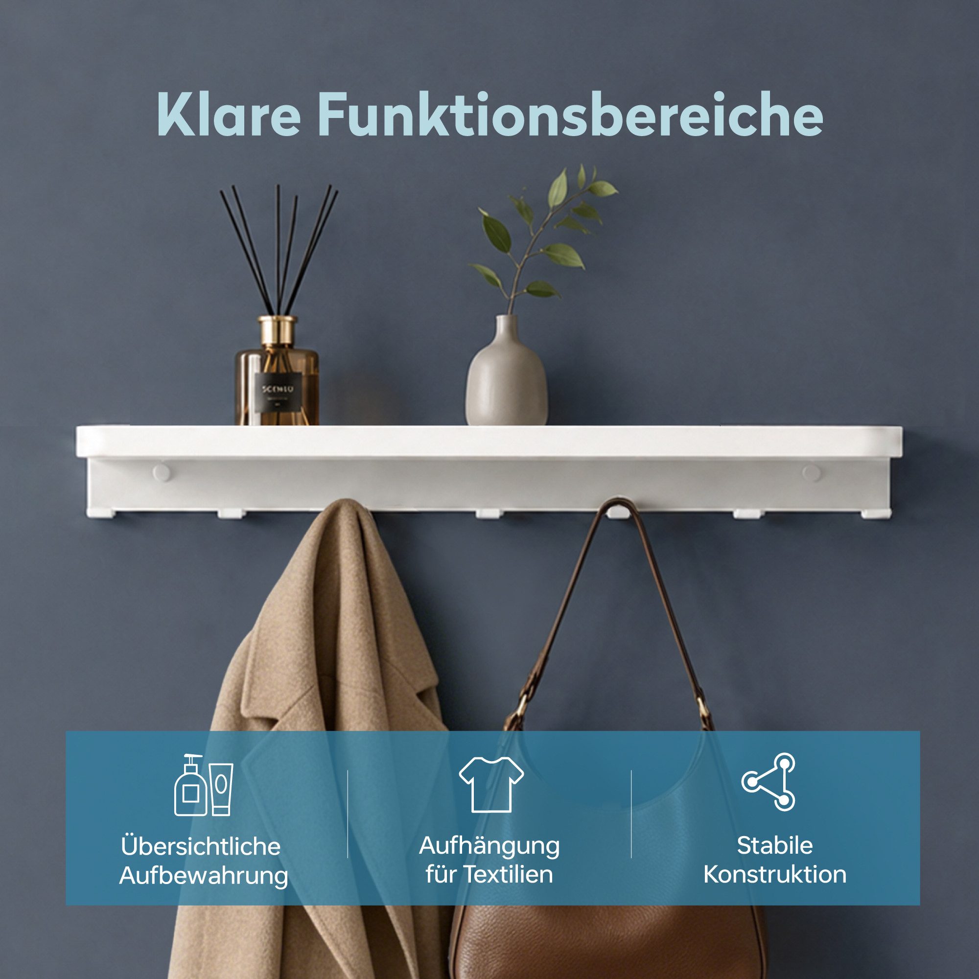 doporro Duschablage Duschregal Wandregal 50cm mit 7 Haken aus Carbonstahl Reglo-20, Pulverbeschichtete Oberfläche, zwei Farbe erhältlich