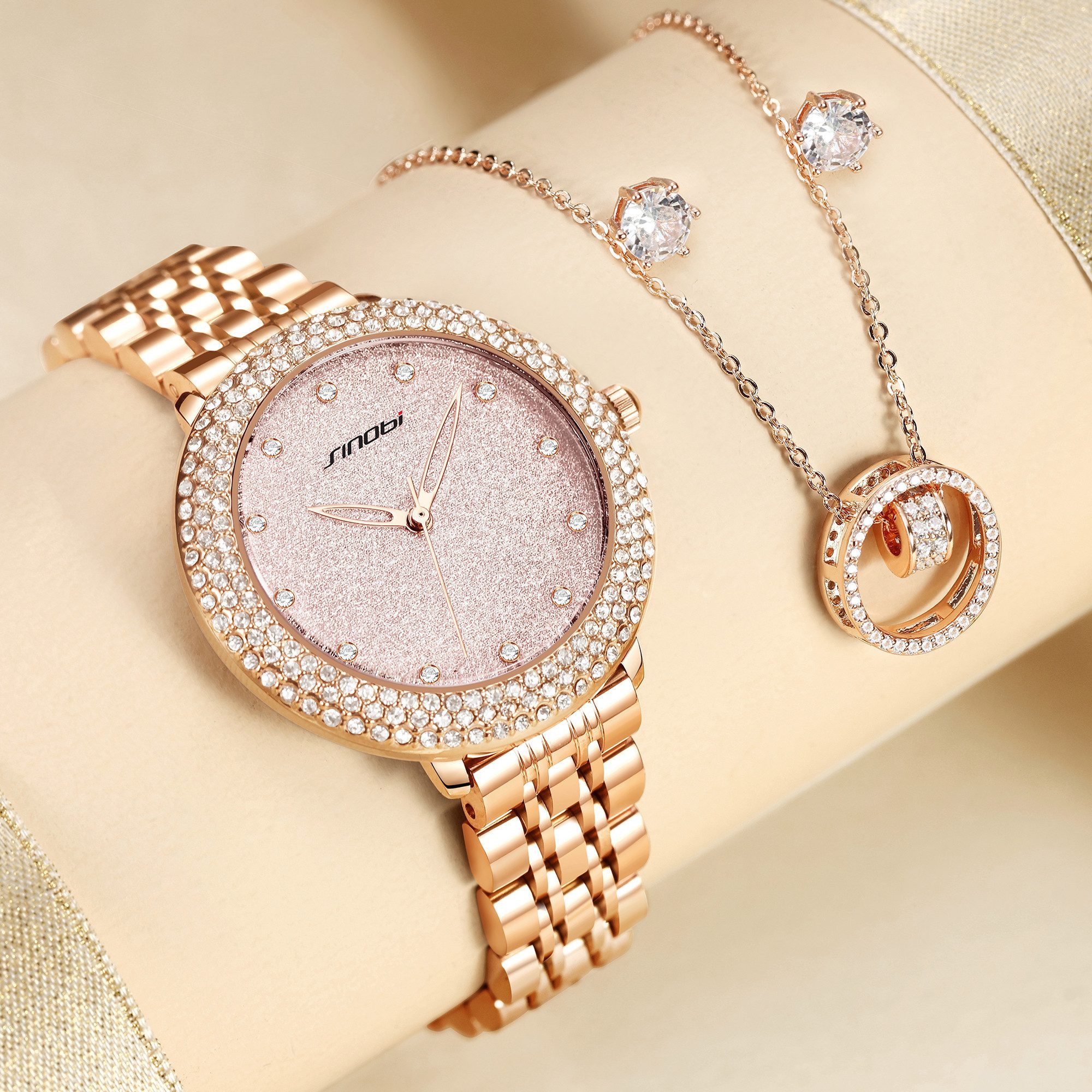 Fyrove Quarzuhr Geschenk für Frauen Roségold Armbanduhr mit, (Zirkonia, Halskette & Ohrringe in edler Geschenkbox, 3-tlg., QuarzArmbanduhr für Alltag & Festanlässe), Weihnachtsgeschenk,Valentinstagsgeschenk