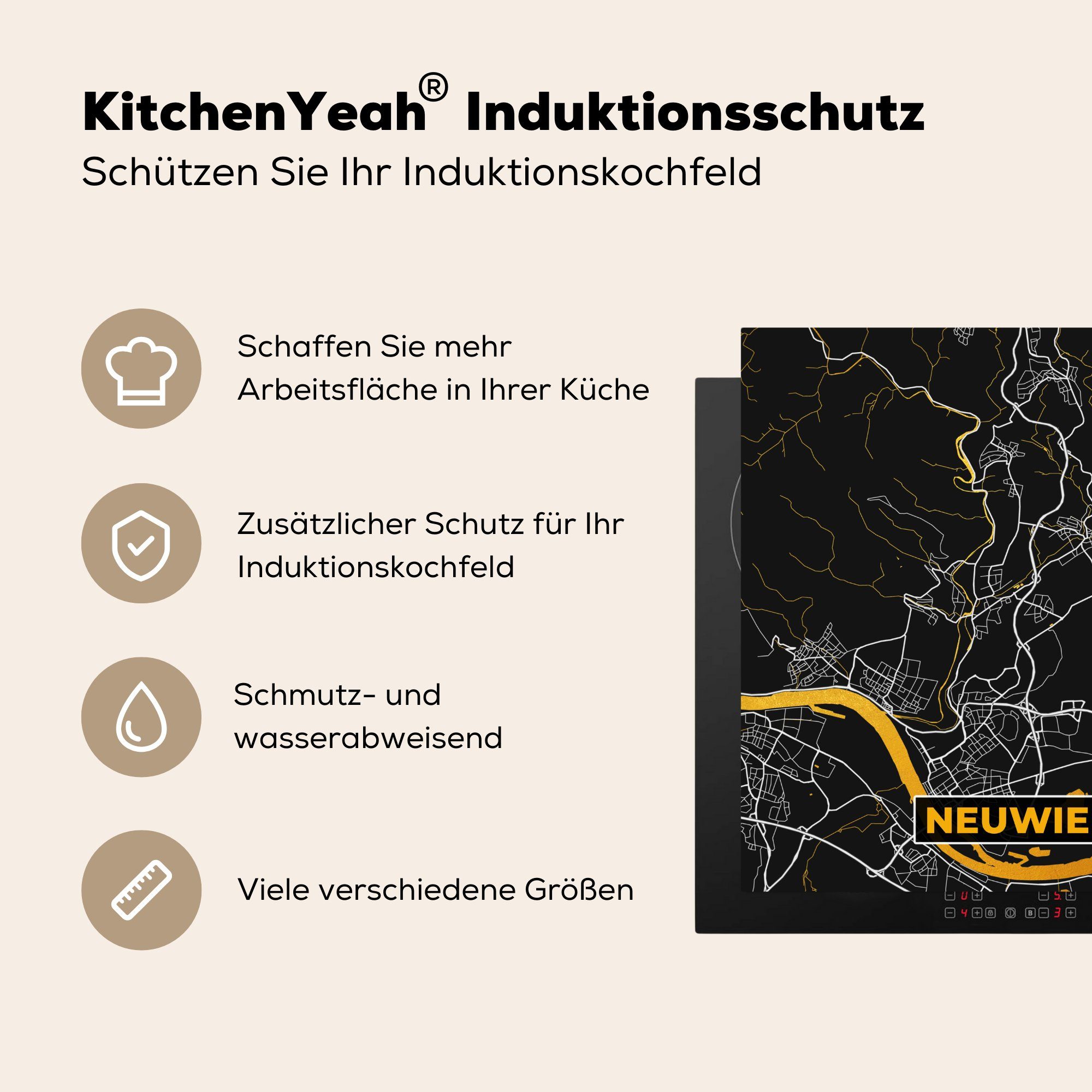 MuchoWow Herdblende-/Abdeckplatte Deutschland - Schwarz Vinyl, - - 78x78 Neuwied Karte, Gold Arbeitsplatte für küche Ceranfeldabdeckung, - Stadtplan und tlg), cm, (1