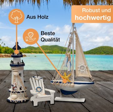 Flanacom Badaccessoires-Sets Maritime Badezimmer Deko - Holz Decor Accessoires, 3er Set, Leuchtturm, Segel-Schiff und Strand-Stuhl