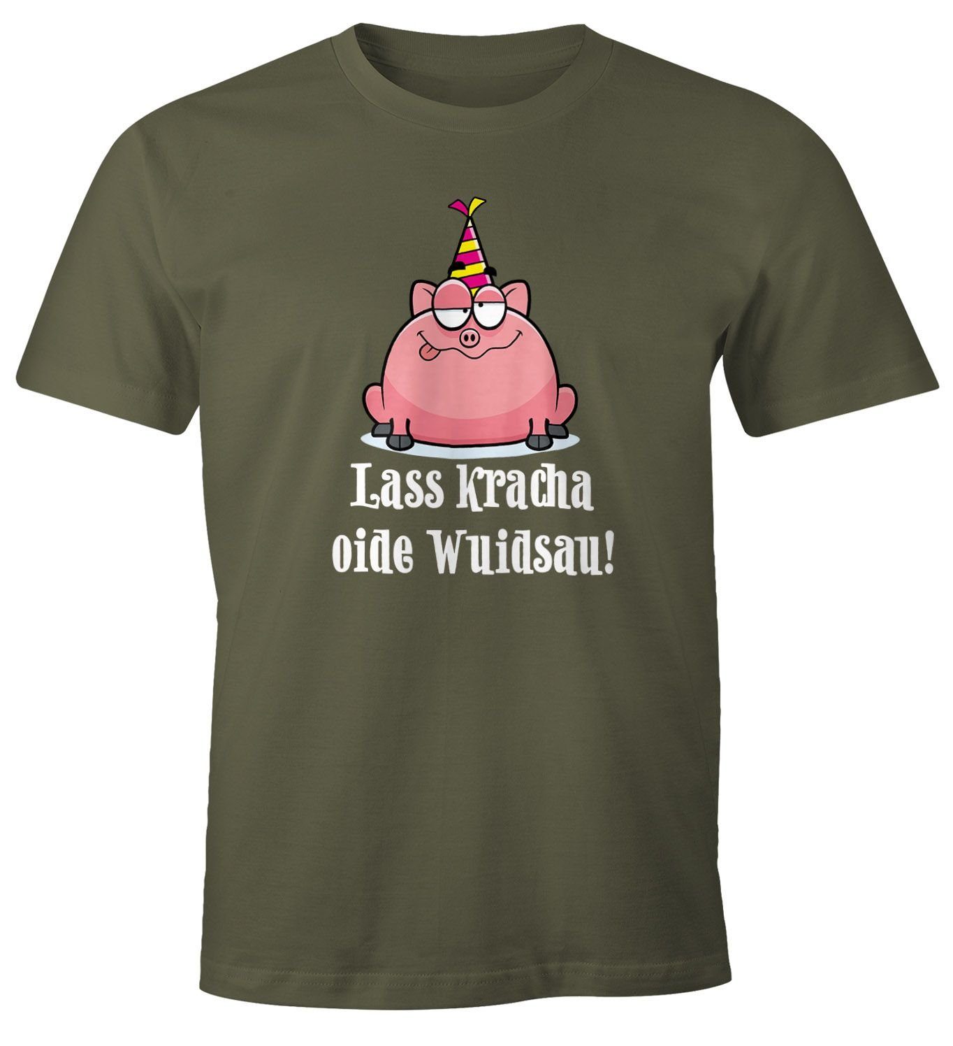 MoonWorks Print-Shirt Herren T-Shirt Geburtstag Schwein Spruch Lass kracha oide Wuidsau Fun-Shirt Geschenk Moonworks® mit Print grün | T-Shirts