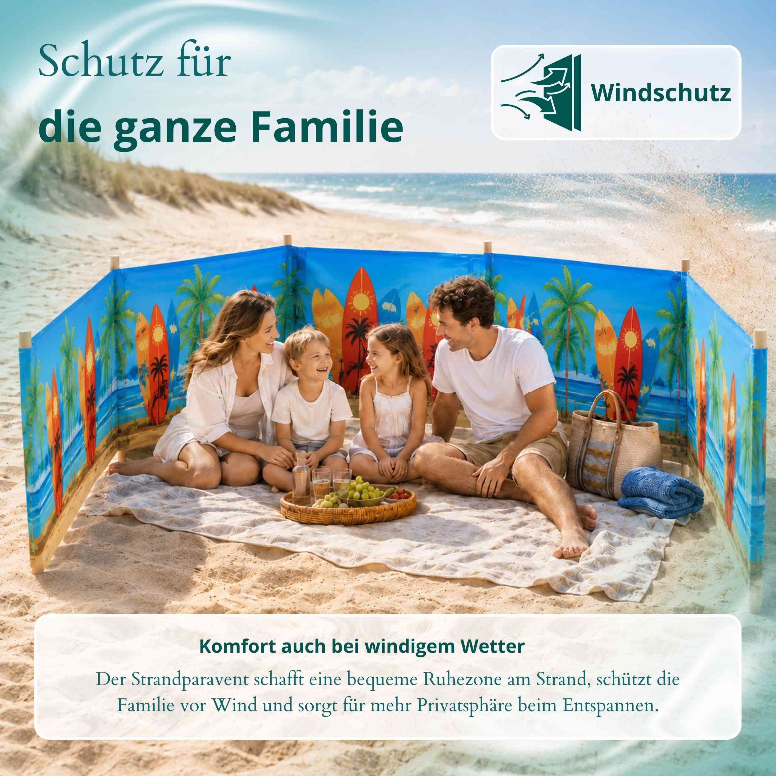 Lantigo Windschutz Sichtschutz Sonnenschutz Strandparavent aus Mikrofaser – portabel, (Surfbrett, Länge: 4 m), - Faltbarer Sonnenschutz für Strand, Camping & Ga – Bild 4 von 5