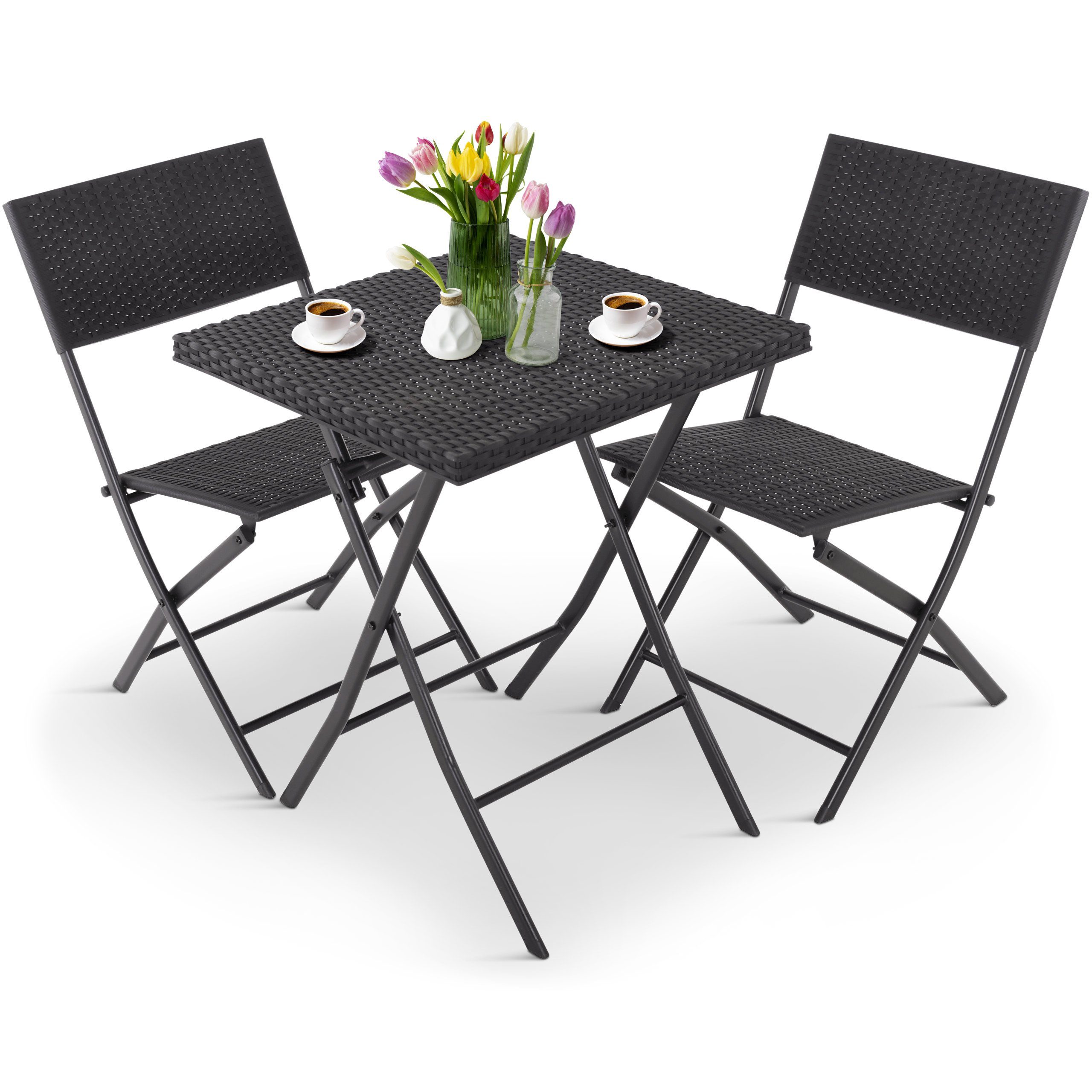 Raburg Balkonset Sundra, Bistrotisch mit 2 Stühlen, (3-tlg, Bistrotisch mit 2 Stühlen), Polyrattan in Seiden-Schwarz, klappbares Gartenmöbel-Set