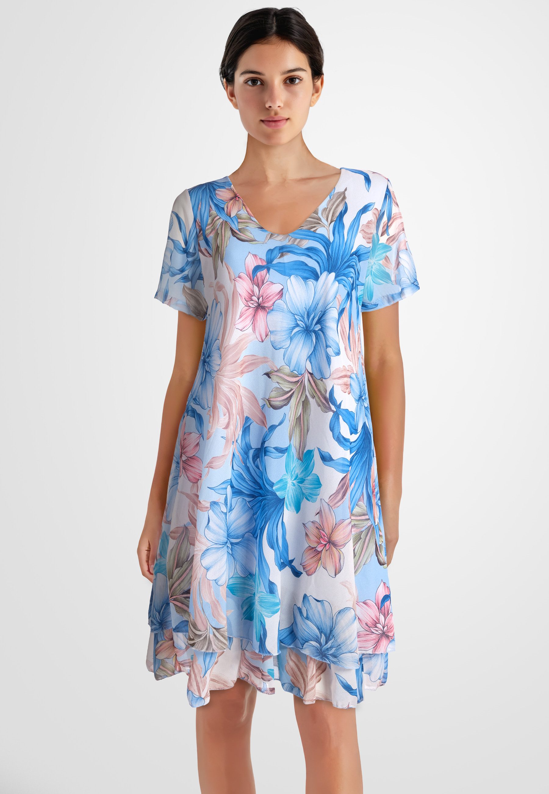 PEKIVESSA Sommerkleid Geblümtes Georgette-Kleid mit Volants günstig online kaufen