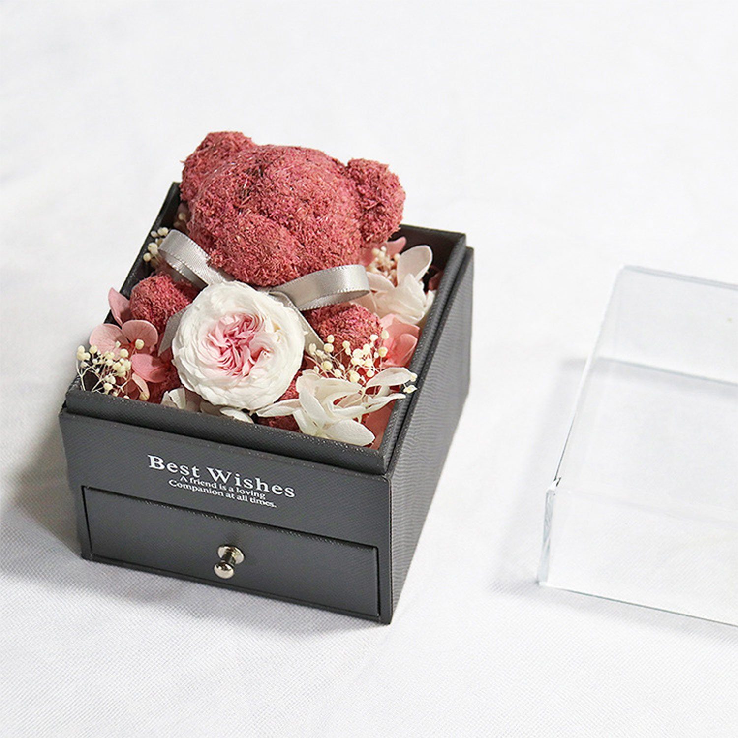 Kunstblume Rose Bär Geschenk Box, Muttertag Geburtstag Valentinstag Geschenk, MAGICSHE, Kleine Bärenpuppe Schublade kann Halsketten und Ringe halten Rosa