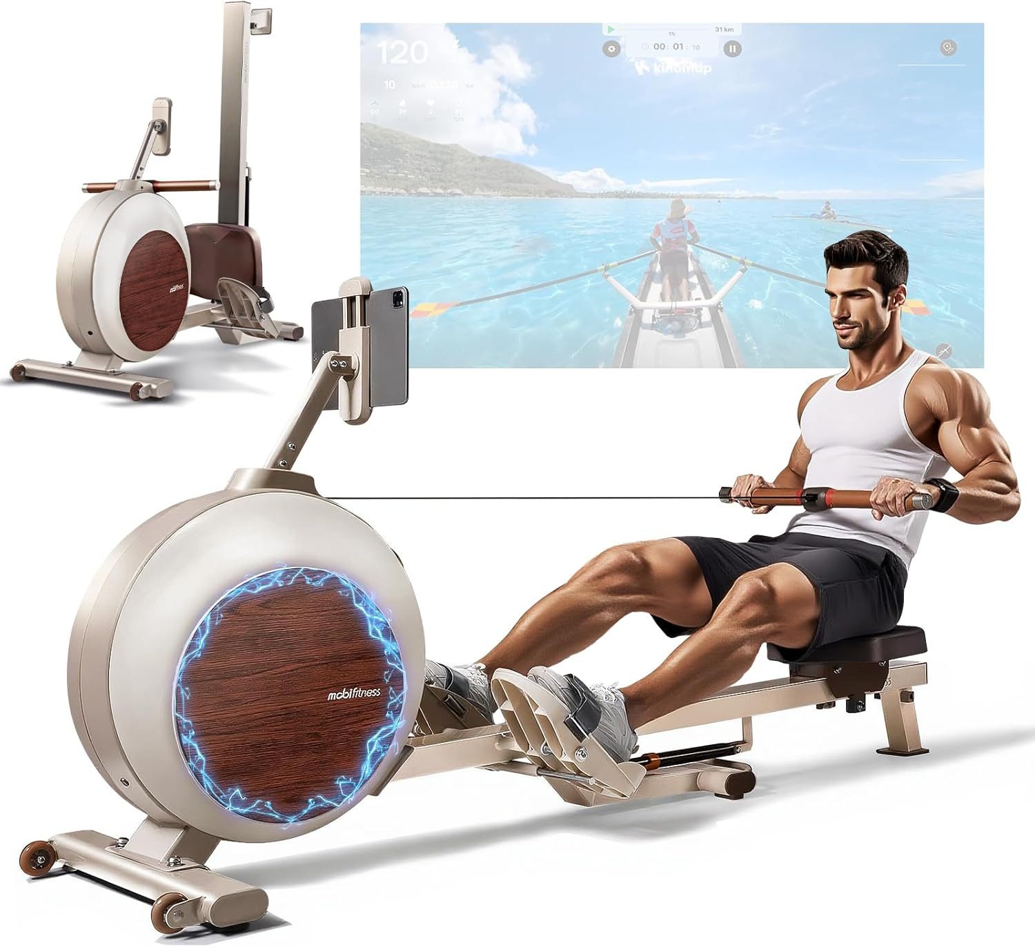 Mobifitness Rudergerät Luka/Ruby Magnetisches Rudergerät für den Heimgebrauch (Spitzenwiderstand 45kg, Maximale Belastbarkeit von 120KG), Smart Knob 40 geräuschlose Widerstandsstufen Vertikale Aufbewahrung