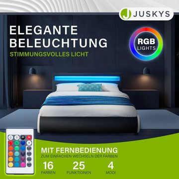 Juskys Polsterbett Sevilla, 140x200 cm, RGB-LED, Kunstleder, gepolstertes Kopfteil