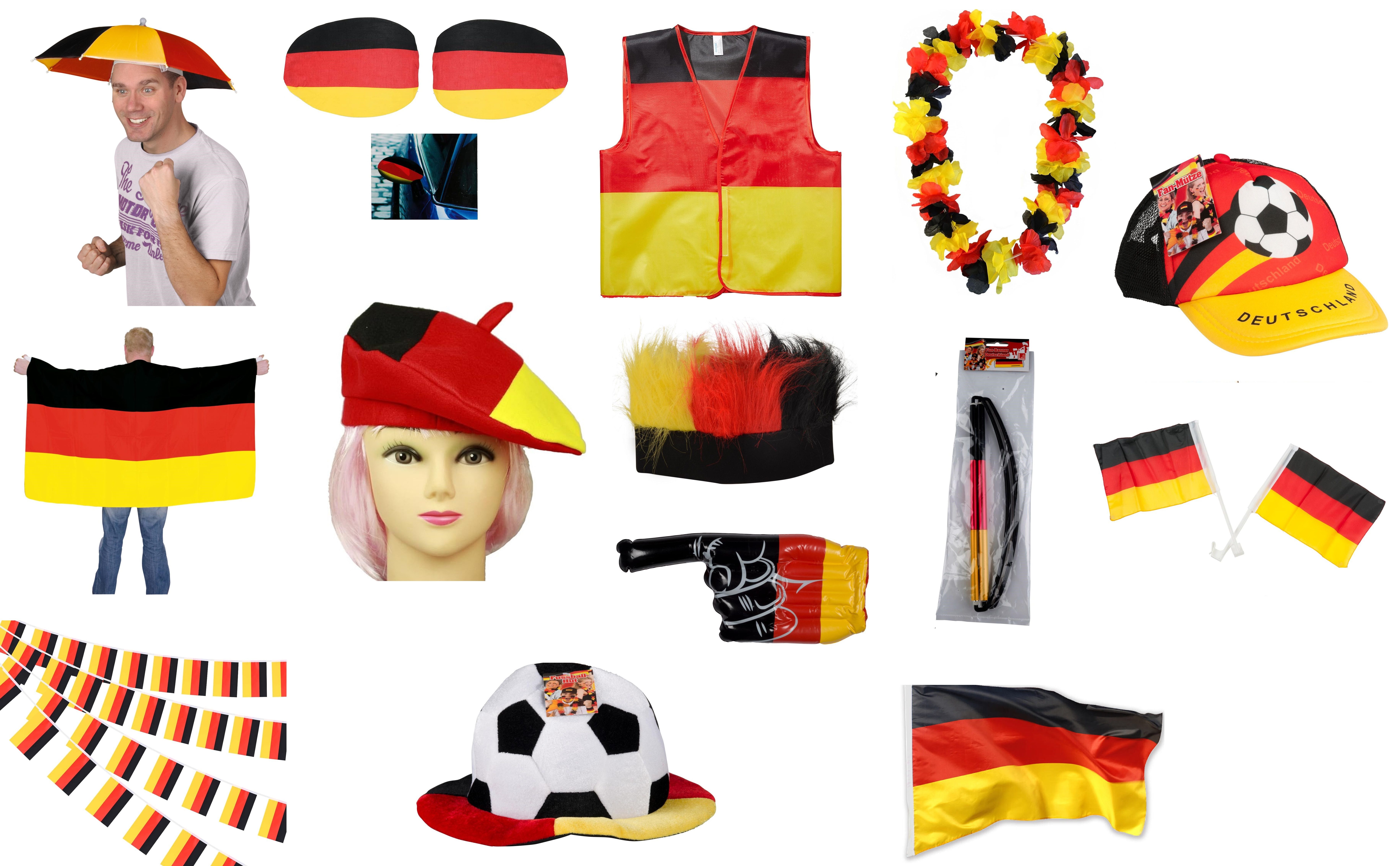 JUNG Fahne Deutschland Fanpaket 14tlg GESAMTWERT 120€ Fanartikel Frauen Männer (Fahne, Flagge, Fan Artikel, Mützen, Auto, Europameisterschaft, Schwarz Rot Gold, Damen Herren), Fanfare, Fahnen, Hüte, Autodeko, Fan-Box Fussball EM 2024