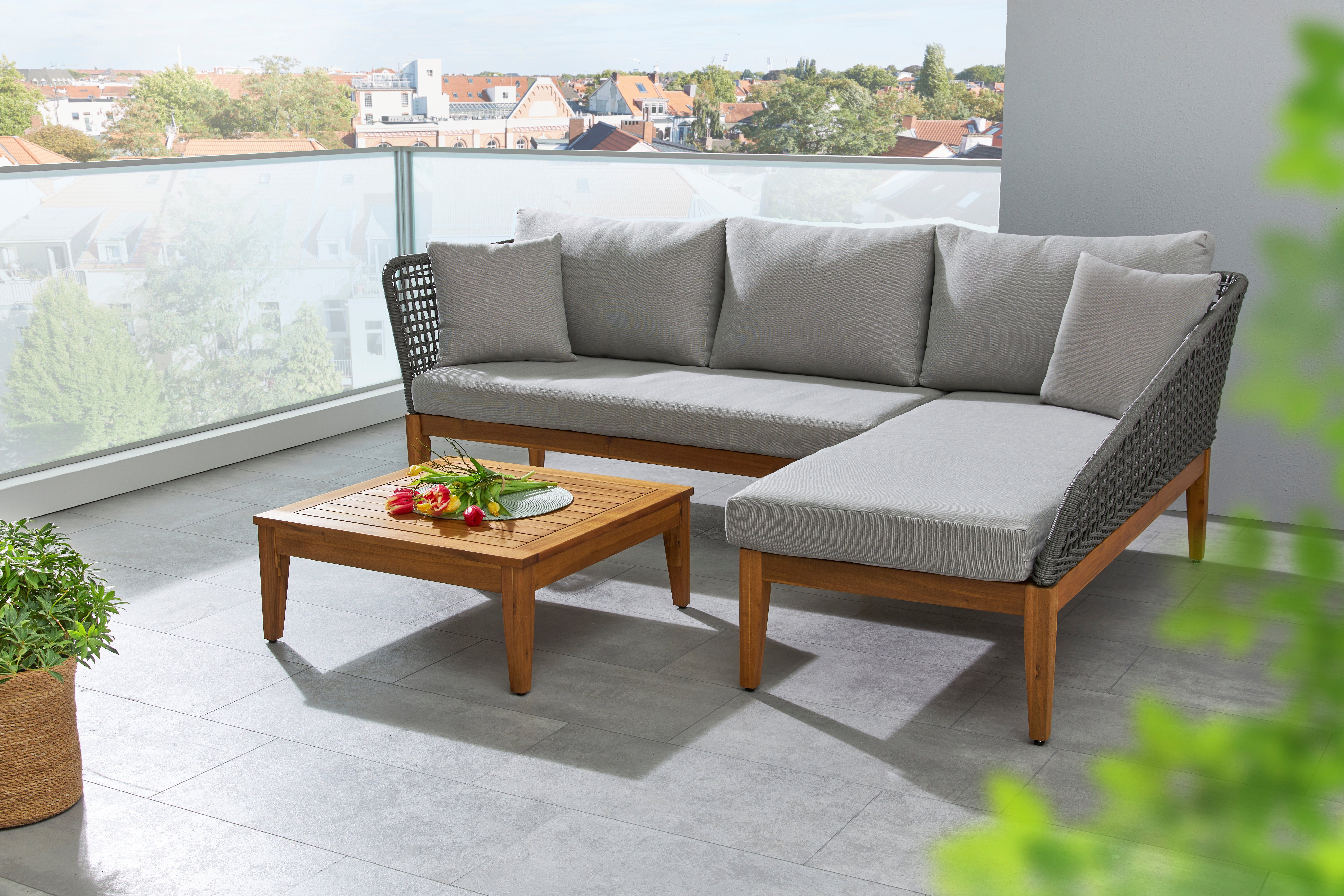 Timbers Gartenlounge-Set Sunnyvale, (Set, 3-tlg., 2x Sofa, 1x Tisch/Hocker 70x70x28 cm), inkl. Auflagen, Gestell aus hochwertigem Massivholz