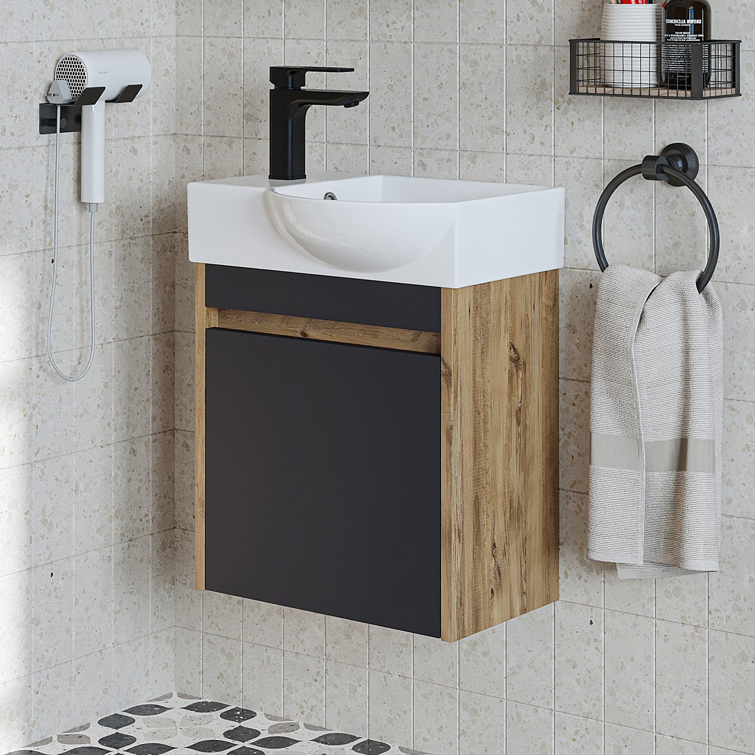 Roomart Badmöbel-Set LEO Gäste-WC Set 46,5 cm, nur 24,5 cm tief, Soft-Close, 4 Farben, (Komplett-Set, • Unterschrank mit Waschbecken • Badezimmer Möbel • Gäste WC), Soft-Close, nur 24,5 cm tief, Wandmontage, Keramikbecken, modular