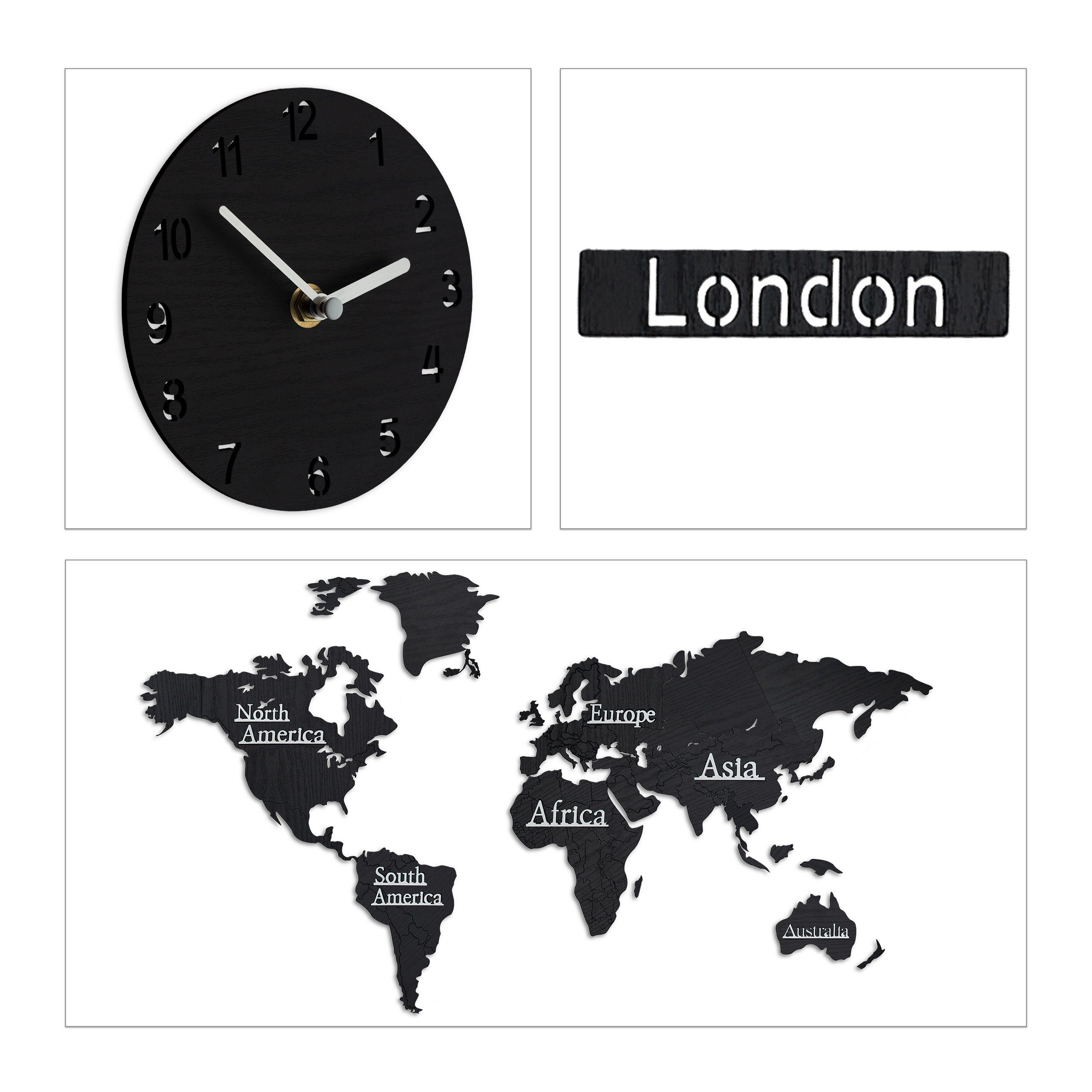 relaxdays Wandsticker Weltkarte Uhren, 5 mit Holz A